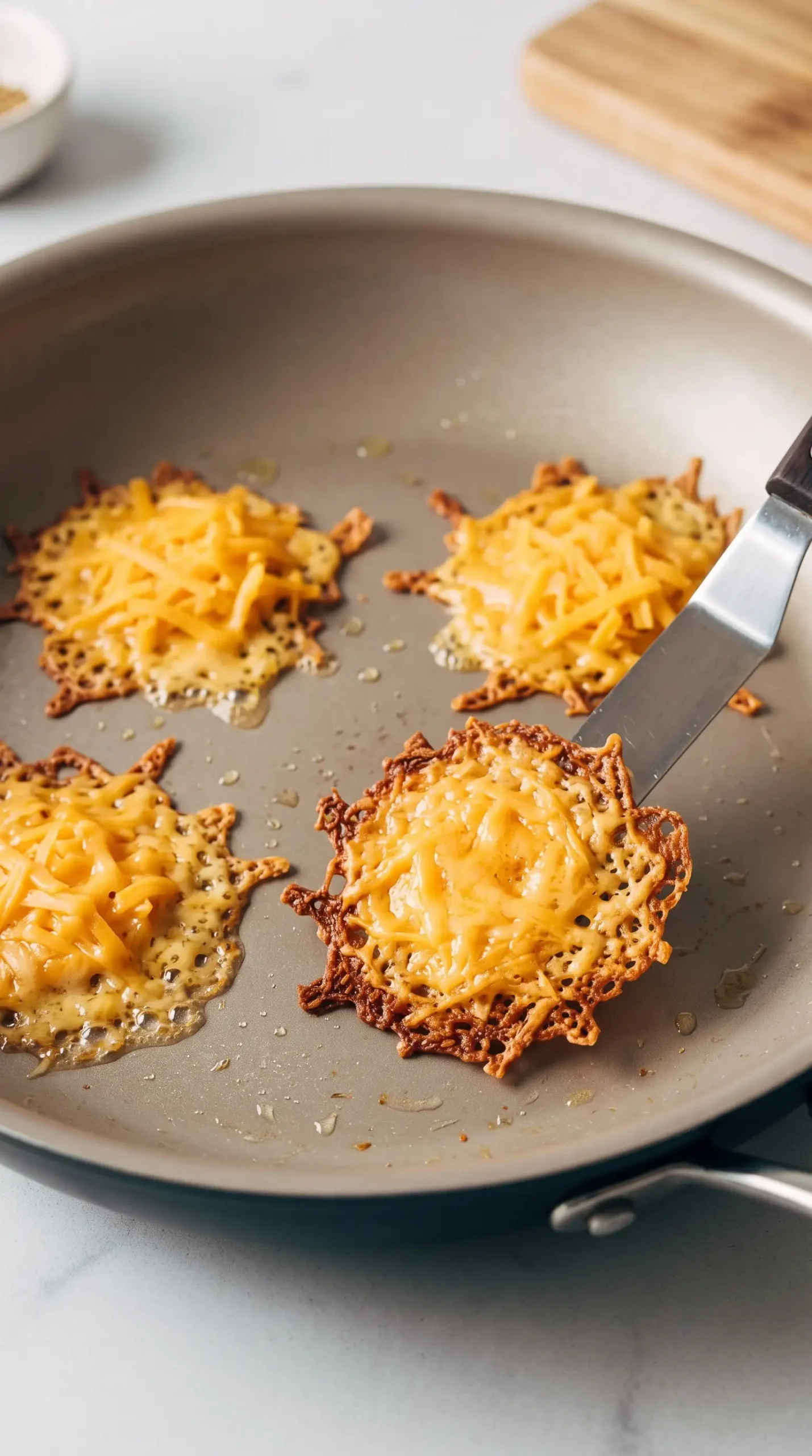 Professional food photography close-up of cheddar cheese crispies being prepared for Ang's Chicken Wraps, showing a nonstick skillet on a simple light-colored kitchen surface with small piles of shredded cheddar cheese partially melted and developing crisp golden edges. Capture the exact cooking stage where the cheese is transforming into thin crunchy crisps, with a spatula nearby ready to lift one crisp from the pan. Focus on the texture change from melted cheese to firm browned edges, realistic natural daylight, minimal props, no finished wrap, no dramatic sizzling or steam.