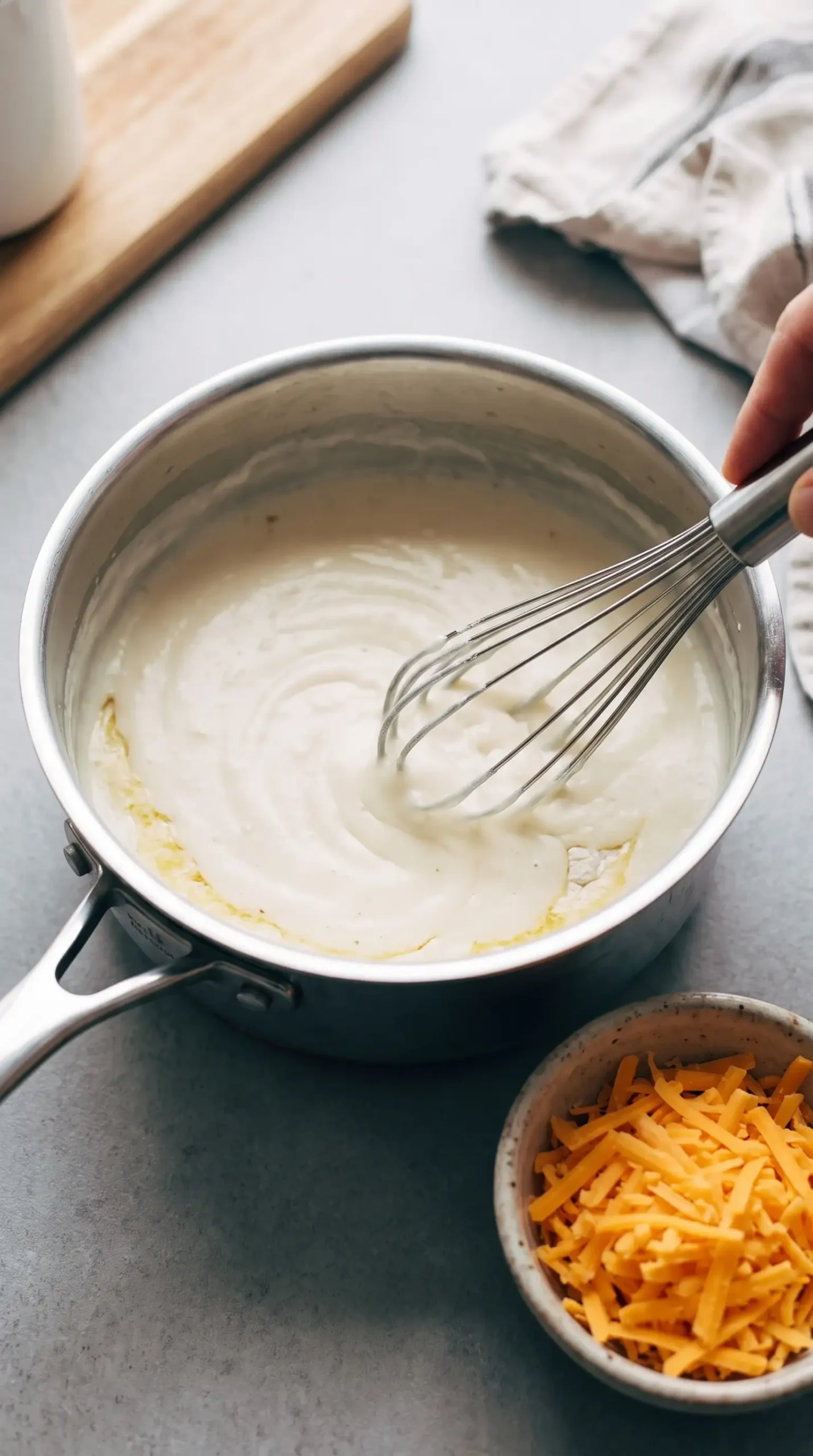 Creamy cheese sauce being prepared in a saucepan for baked mac and cheese
