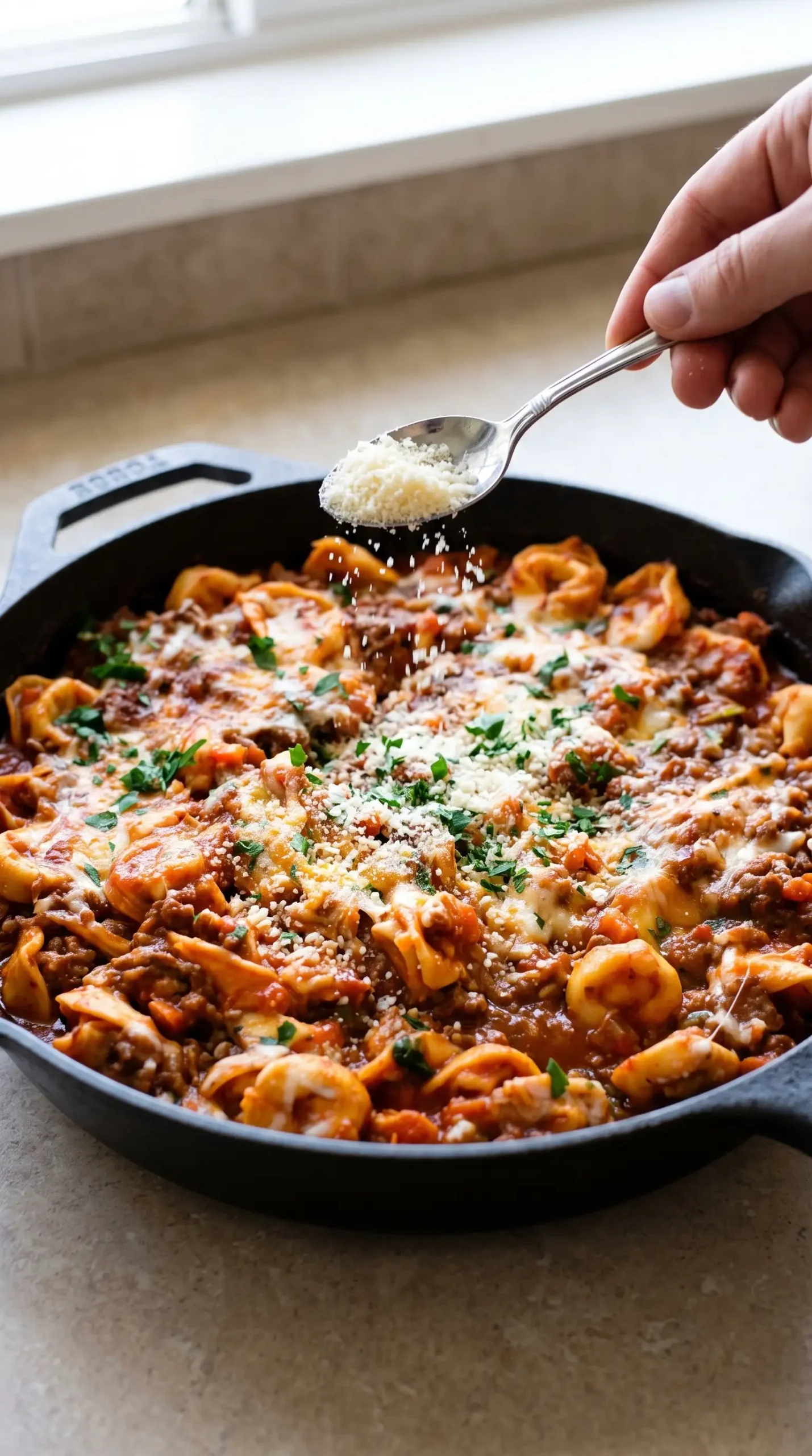 Skillet of baked tortellini topped with melted mozzarella, Parmesan, and parsley