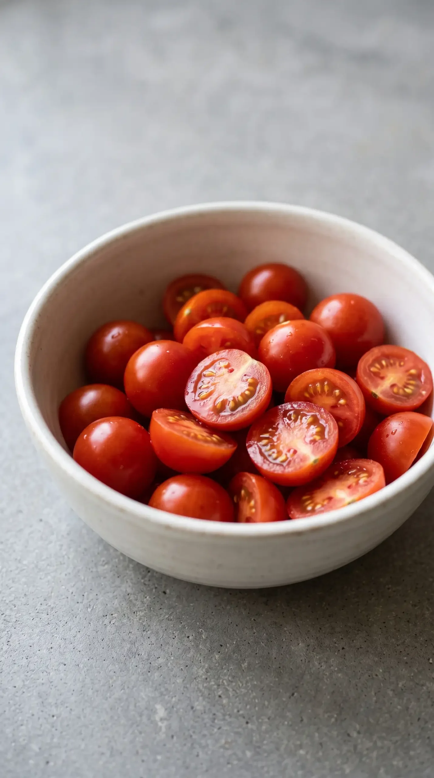 Whole and halved cherry tomatoes prepared for Caprese penne pasta bake