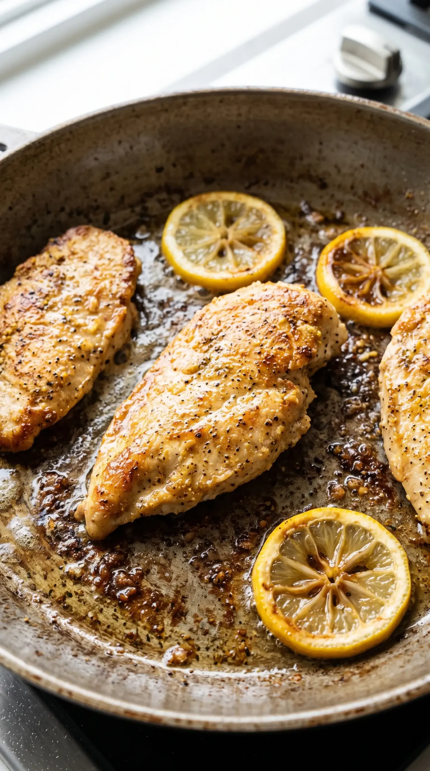 Flour-coated chicken and lemon slices browning in a buttered skillet