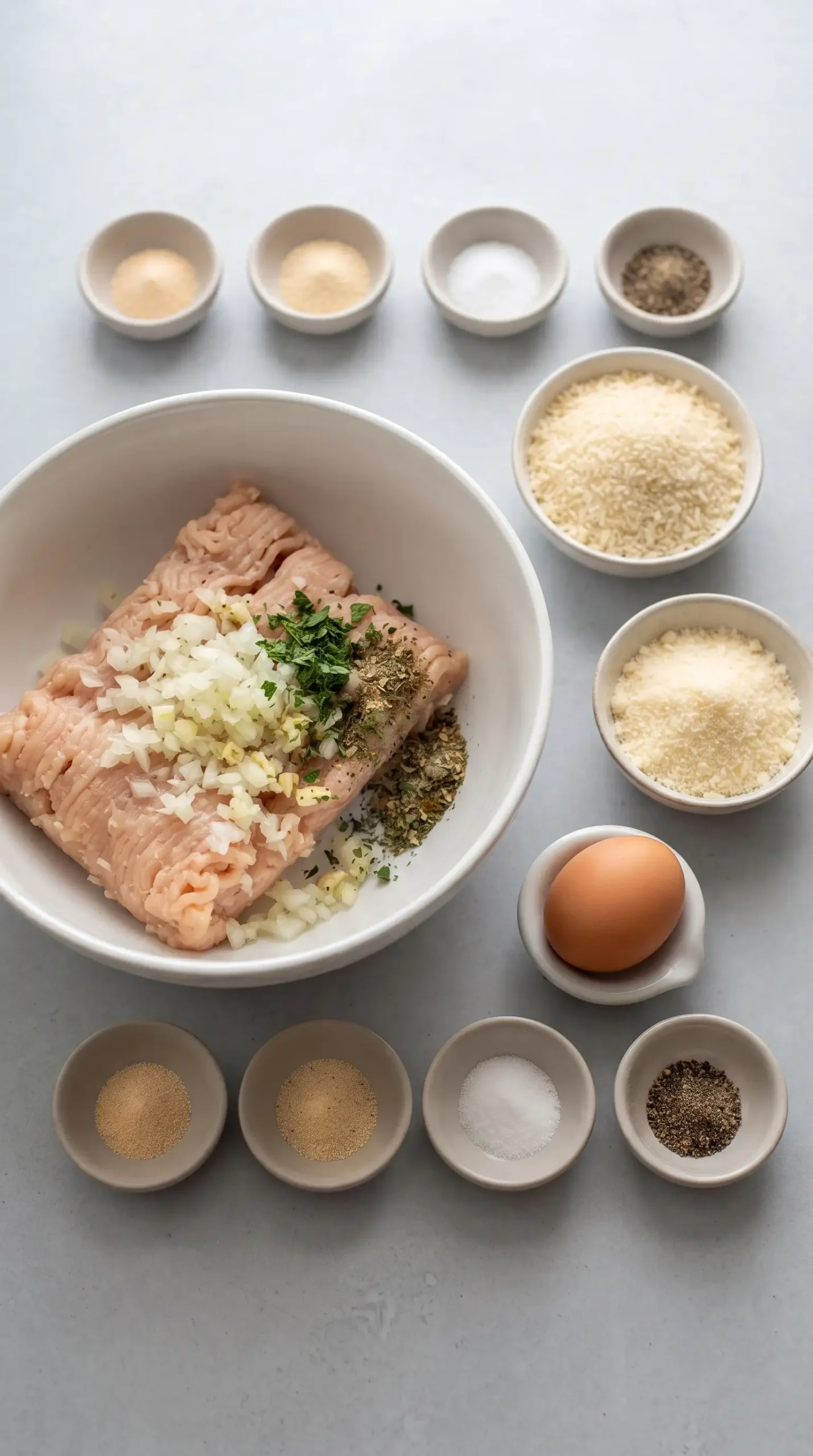 Ground chicken, panko, Parmesan, egg, and seasonings for meatball preparation