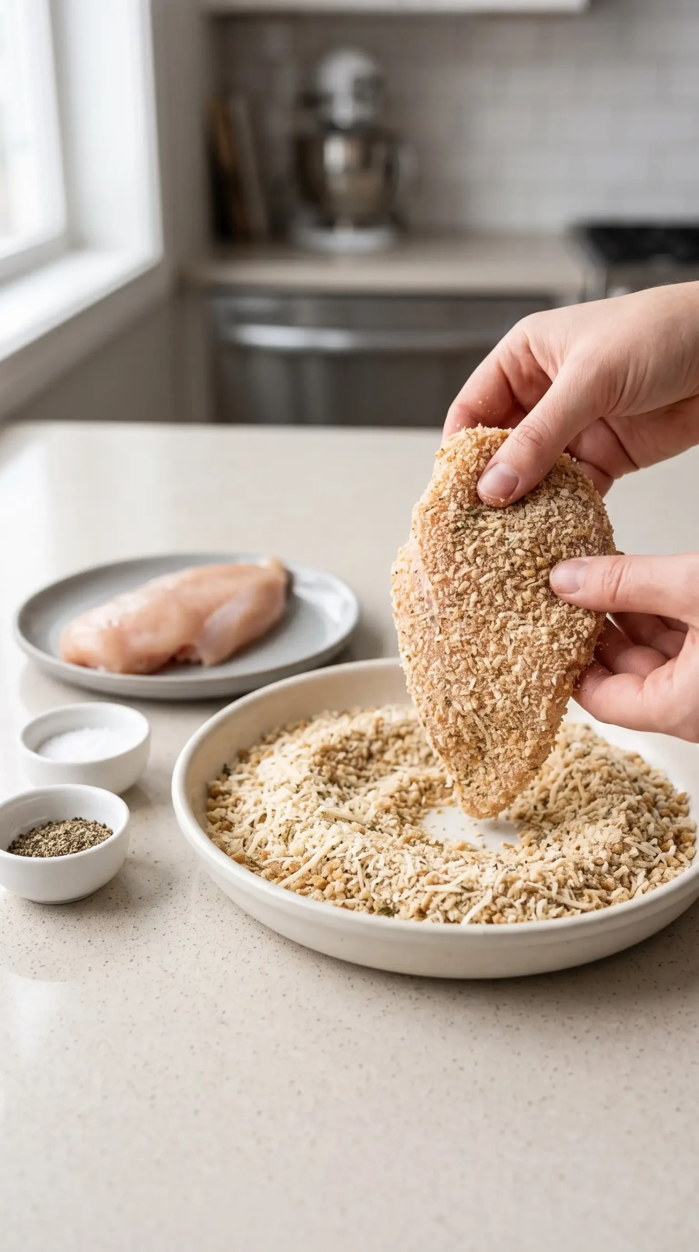 Chicken breast coated with whole wheat breadcrumbs, panko, Parmesan, and Italian herbs