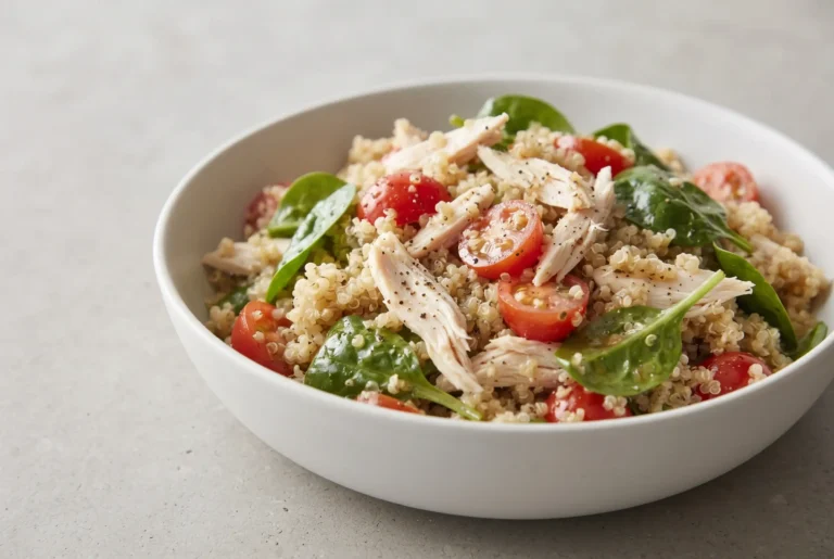Chicken quinoa salad with rotisserie chicken, quinoa, tomatoes, artichokes, spinach, and vinaigrette
