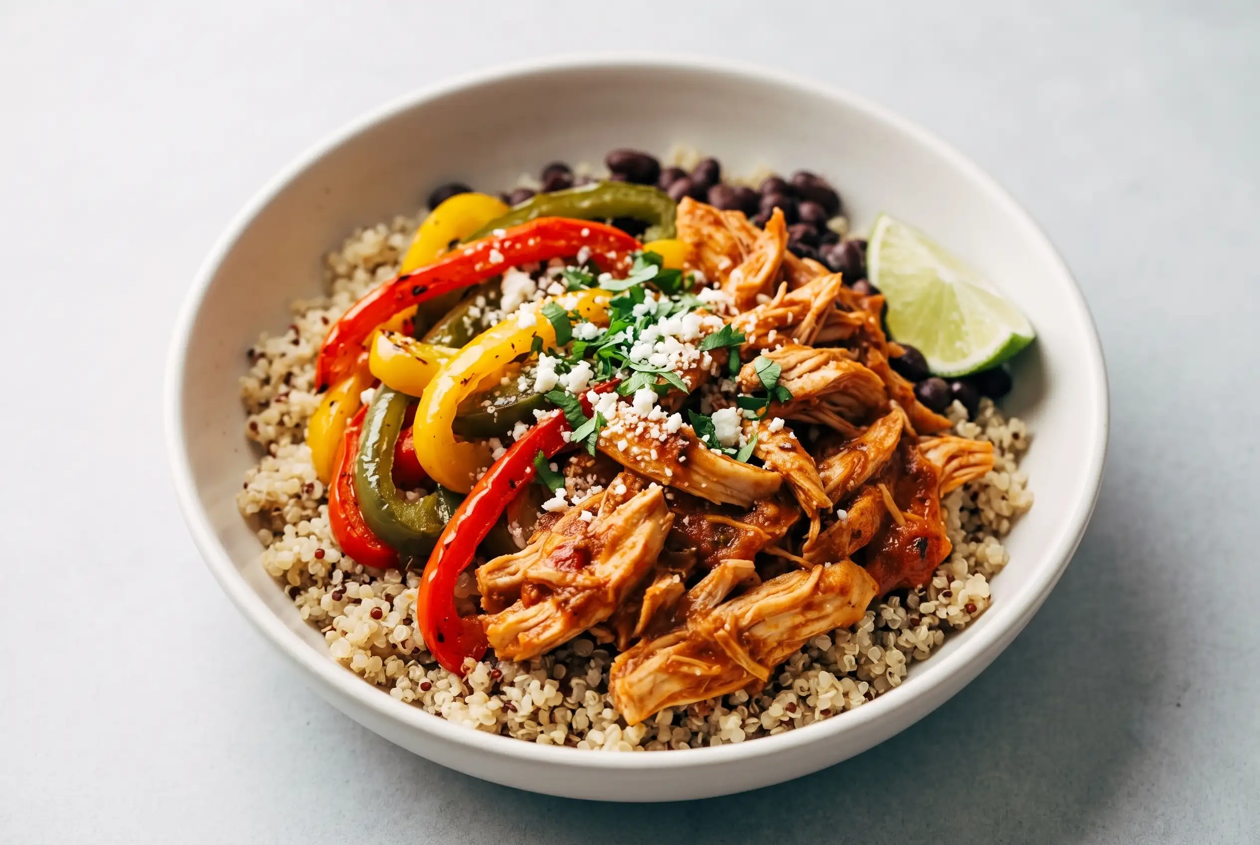 Chicken tinga bowl with shredded roasted chicken, smoky tomato sauce, peppers, and rice