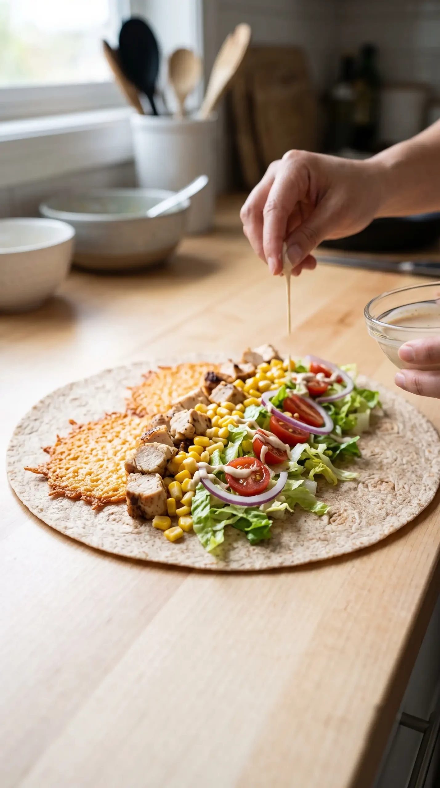 Professional food photography close-up of the assembly process for Ang's Chicken Wraps, showing a whole wheat wrap laid flat on a clean neutral surface with a cheddar cheese crisp placed along one edge and layers being added in progress: chopped grilled chicken pieces, sweet corn kernels, shredded lettuce, sliced tomatoes, and thin red onion. Show the wrap before folding, with ingredients clearly visible in their correct positions and a small drizzle of sauce being added. Realistic home kitchen preparation scene, soft natural daylight, minimal background, no final rolled wrap, no excessive ingredients, no artificial symmetry.