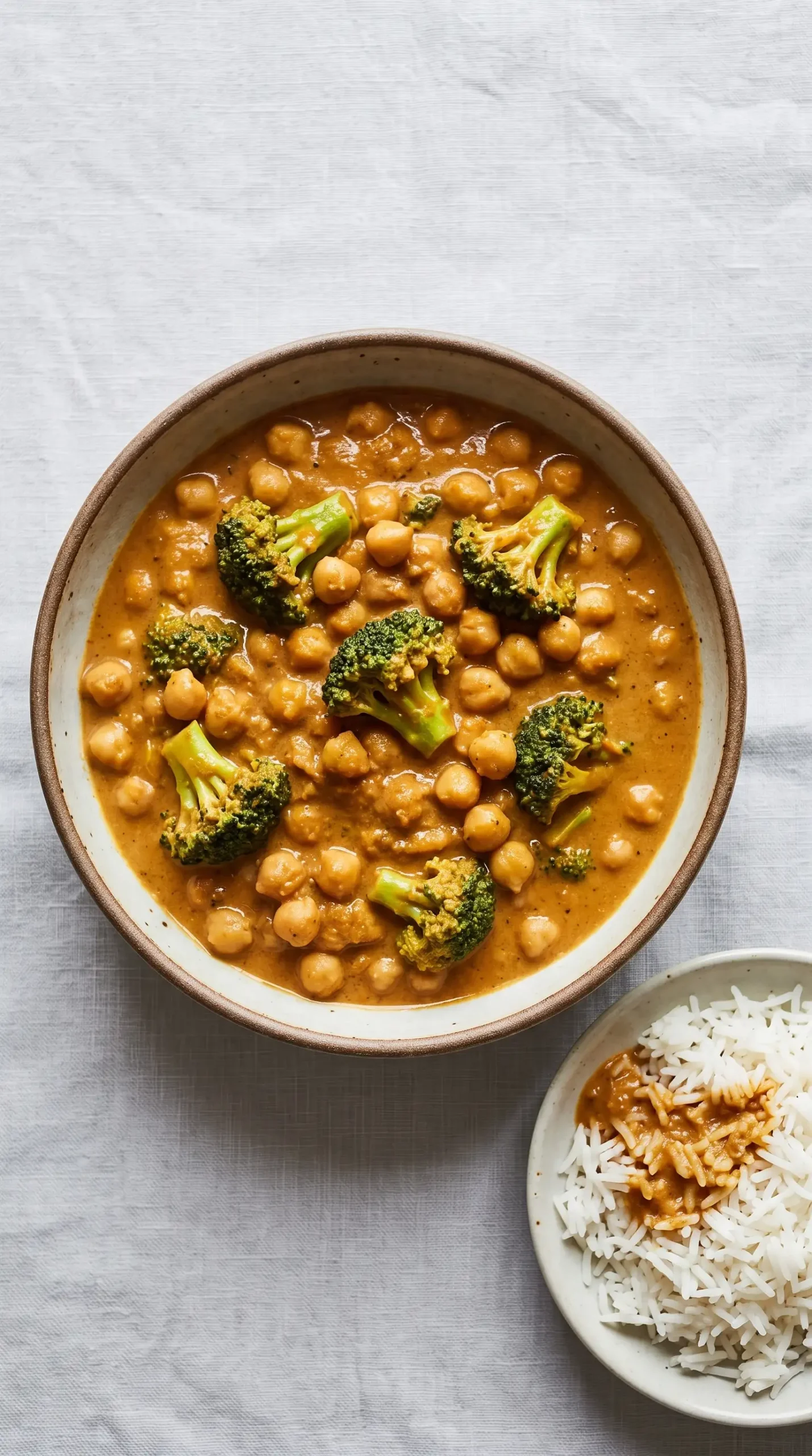 Serving of chickpea coconut curry with broccoli, creamy sauce, and rice