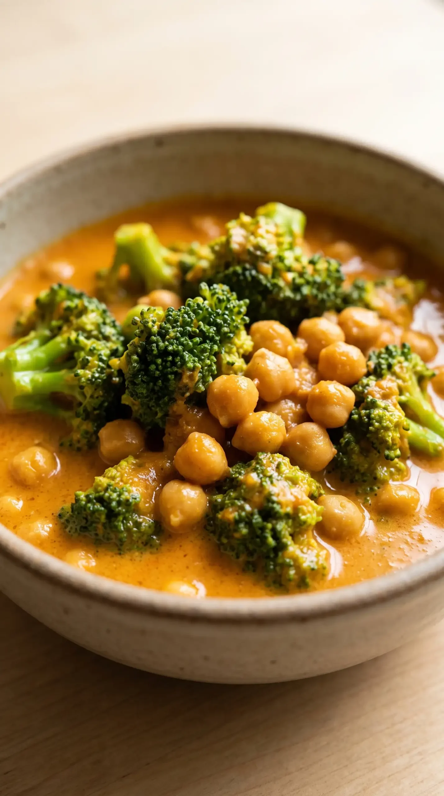 Broccoli florets and chickpeas coated in creamy coconut curry sauce