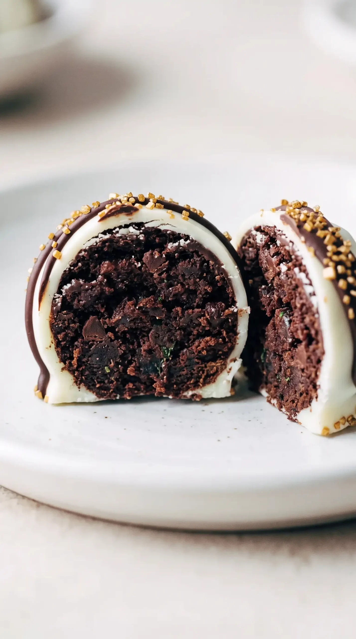 Cut chocolate cake bite showing soft frosting center and chocolate chips under coating
