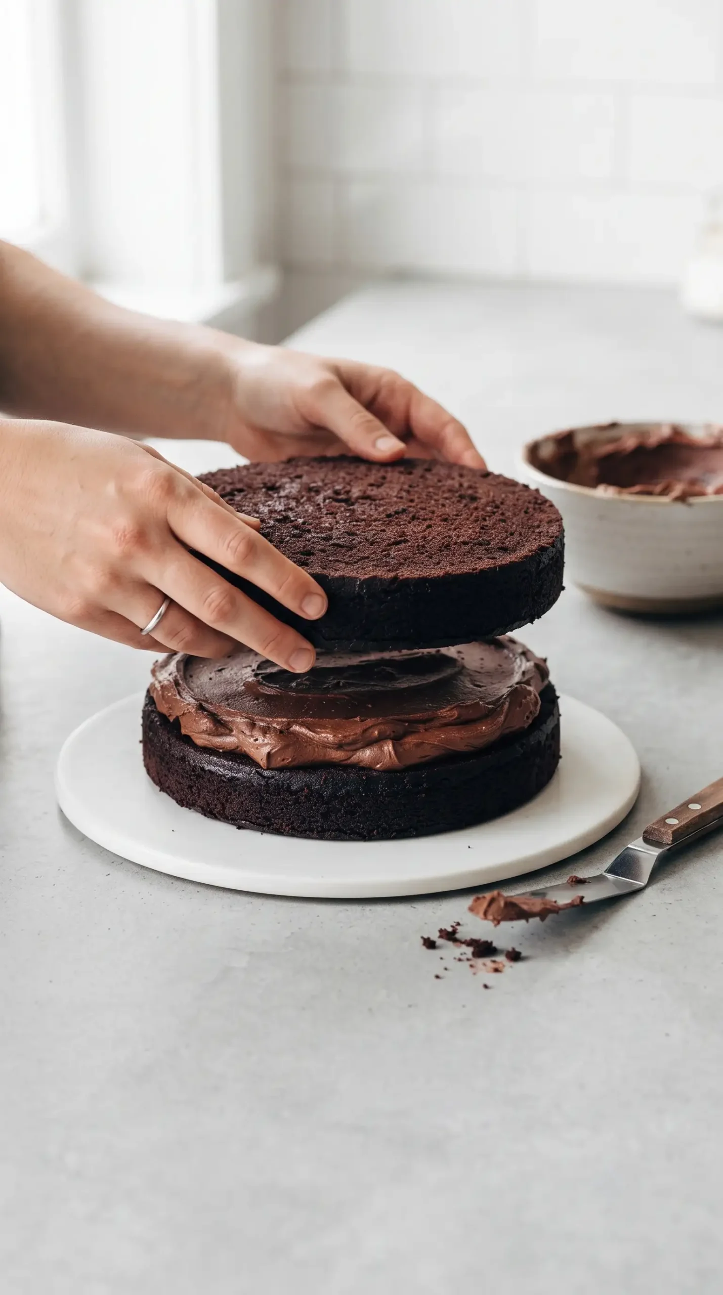 Layered chocolate cake being assembled with cream cheese frosting