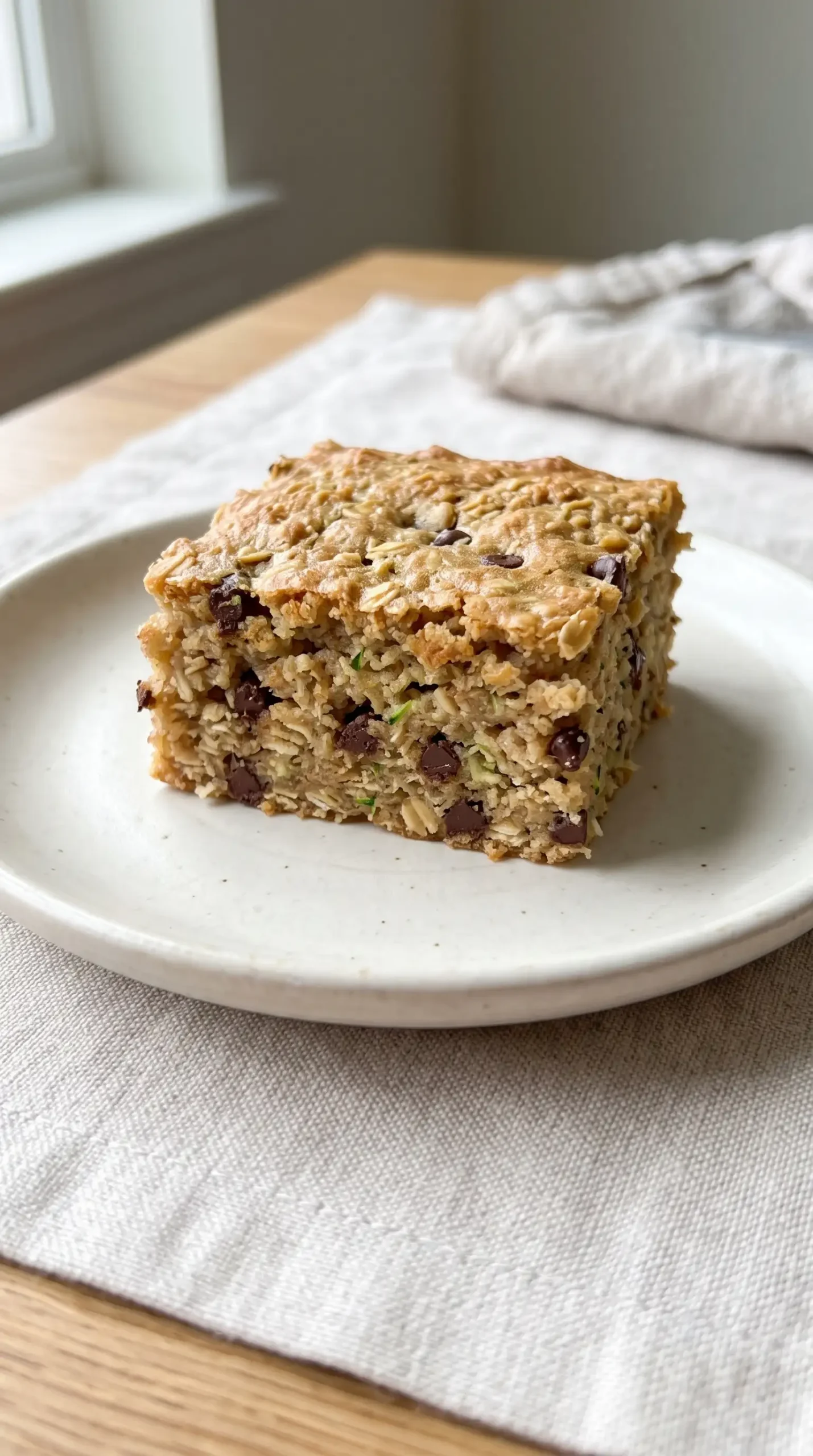 Almond butter chocolate chip zucchini bar showing oats, chocolate chips, and tender texture