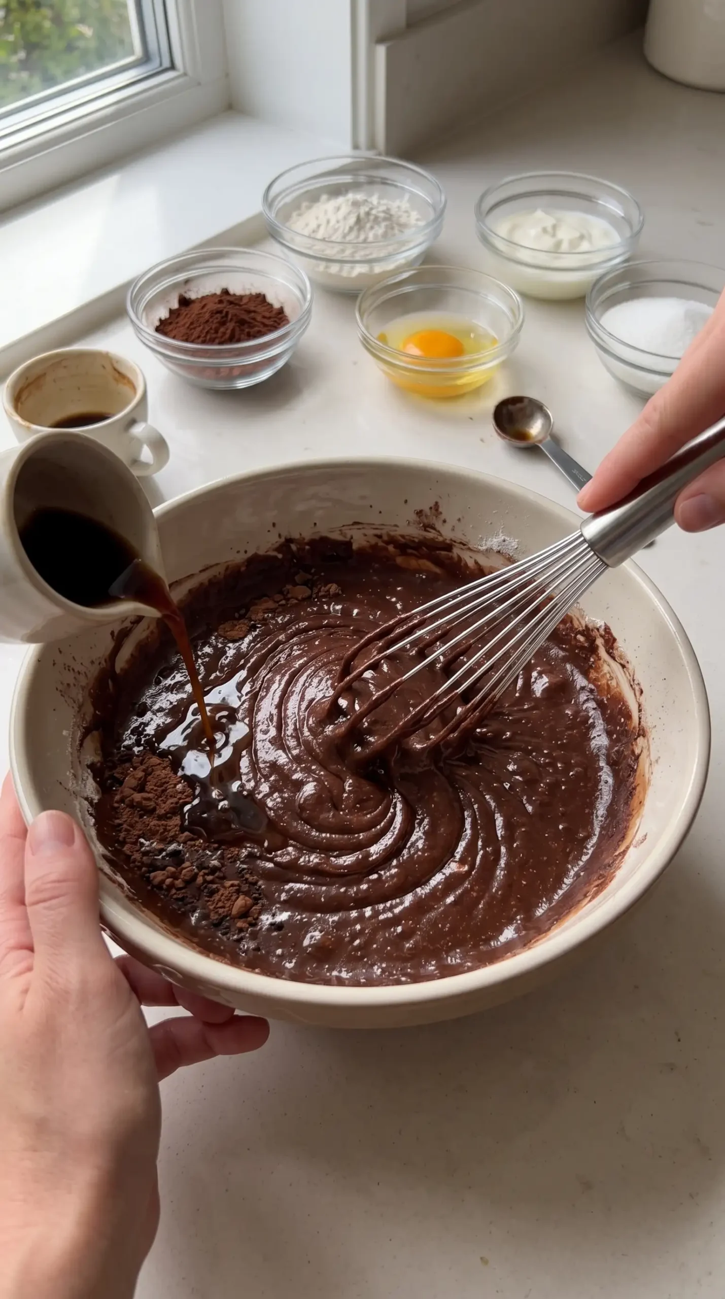 Chocolate coffee cake batter being whisked with cocoa, yogurt, and brewed coffee