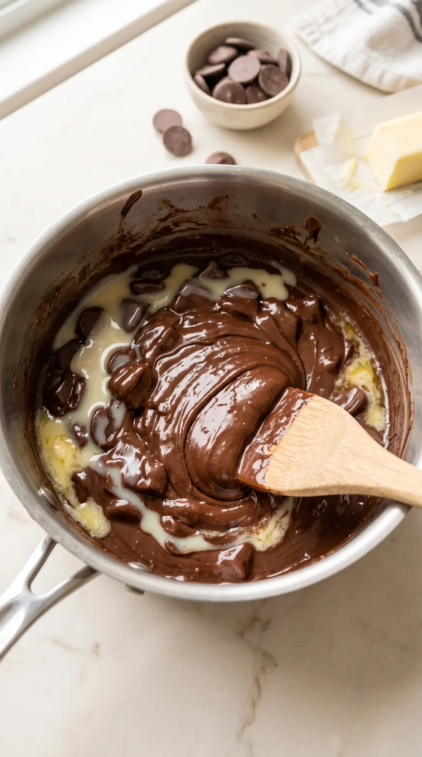 Chocolate fudge filling melting with condensed milk and butter in a saucepan