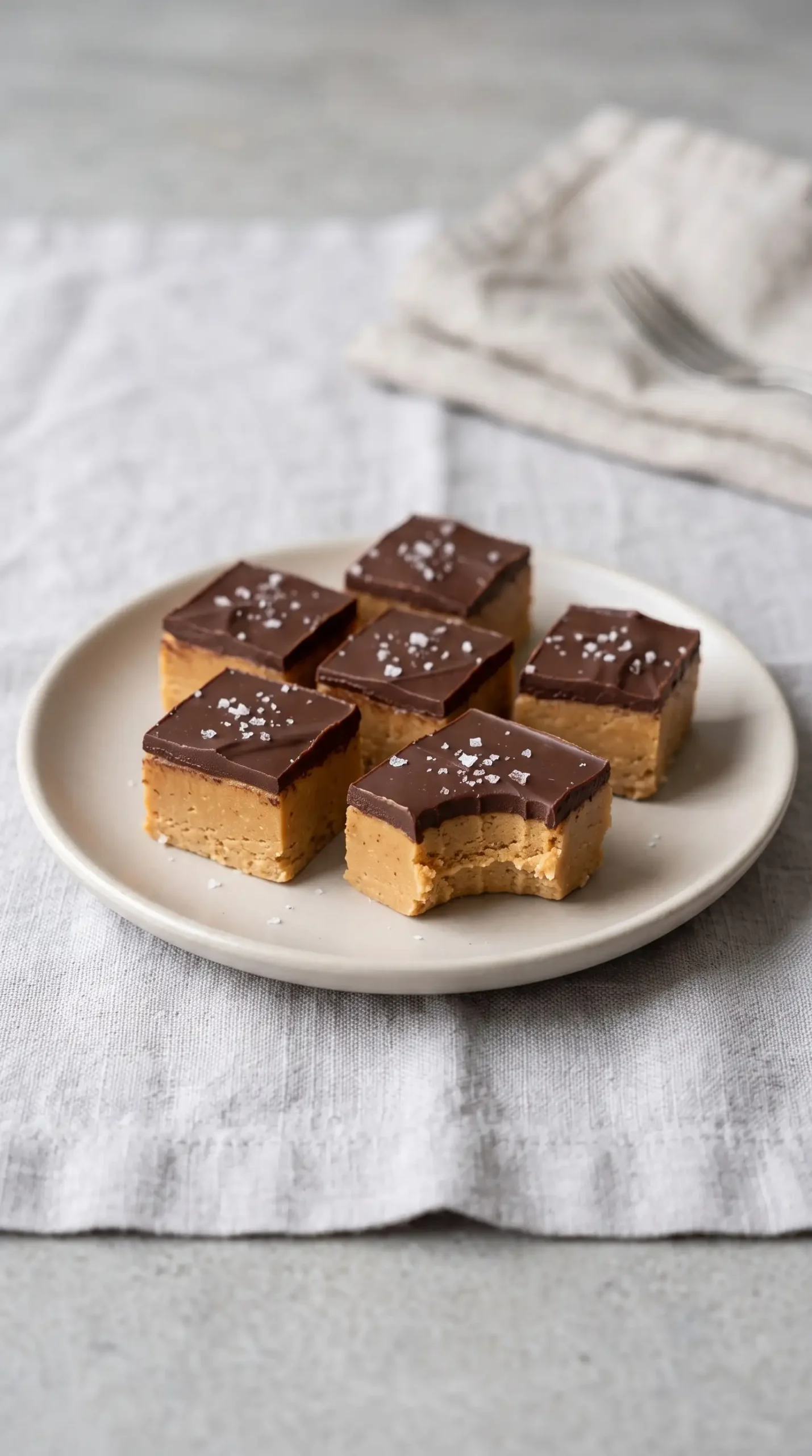 Chocolate peanut butter fudge squares with chocolate drizzle and a sprinkle of sea salt