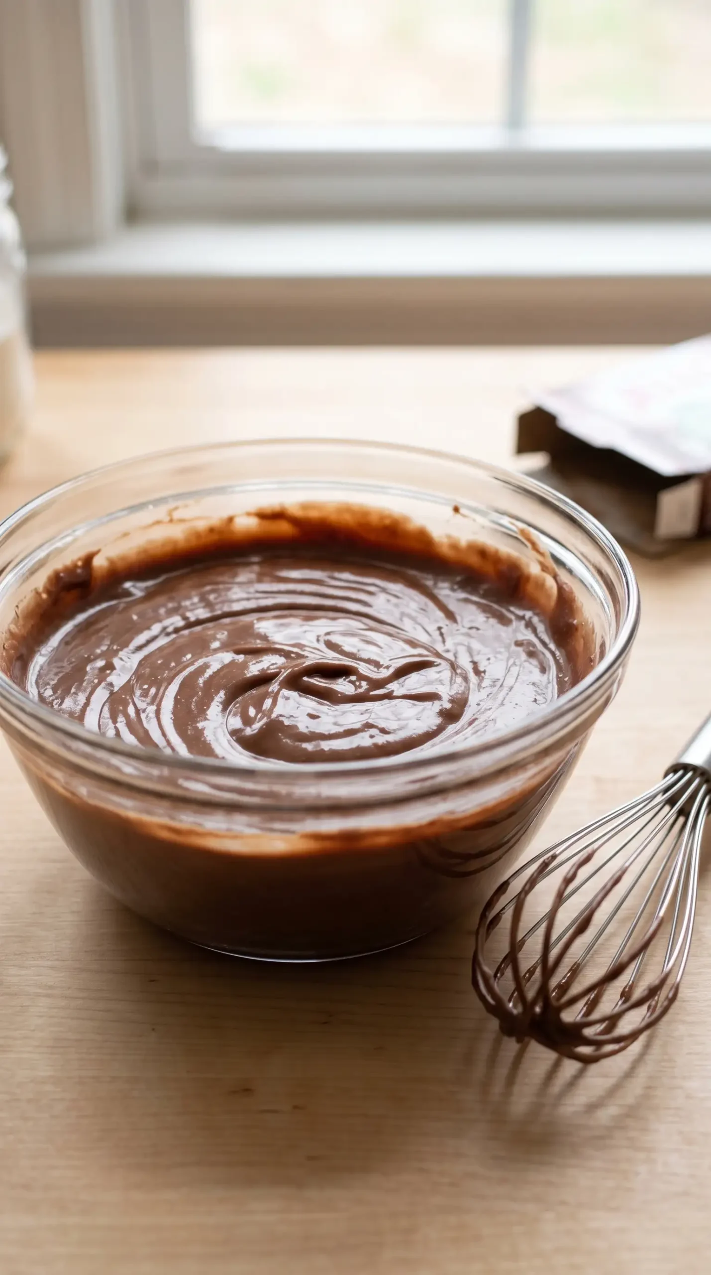 Chocolate fudge pudding mixture prepared in a bowl for brownie fudge trifle layers
