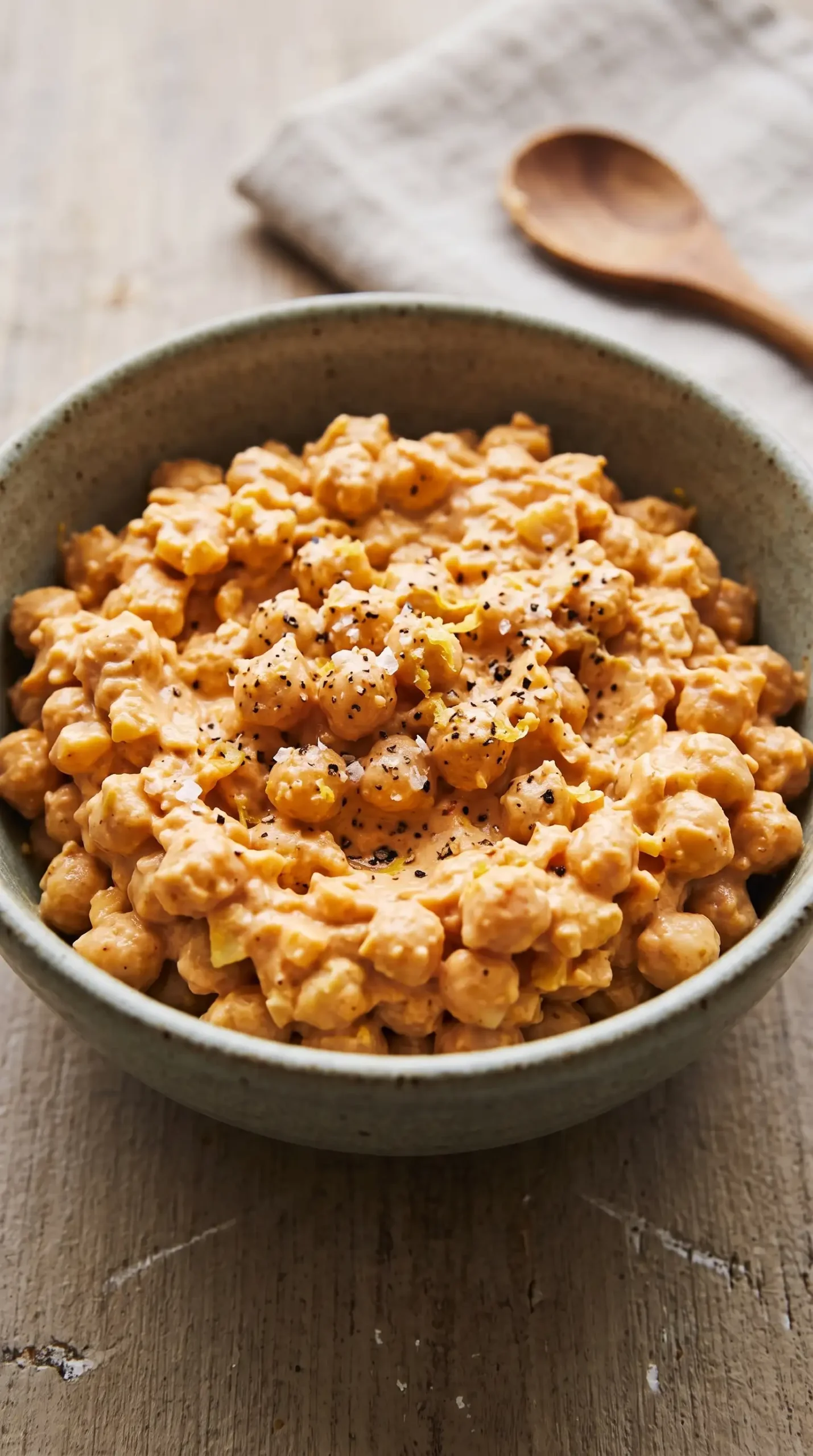 Chunky spicy chickpea salad mixture with creamy sriracha dressing in a bowl