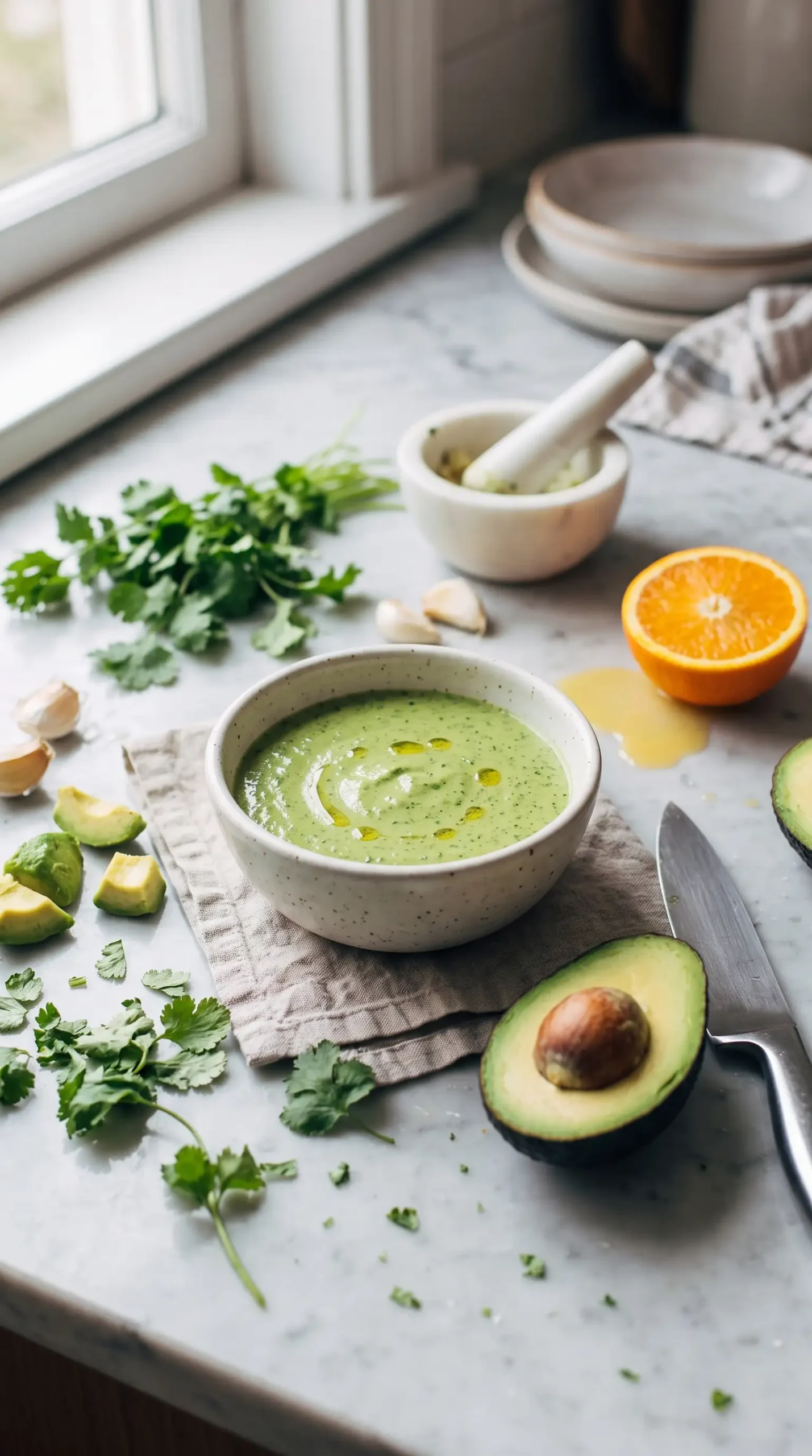 Creamy cilantro avocado mojo sauce with avocado, herbs, garlic, and citrus ingredients