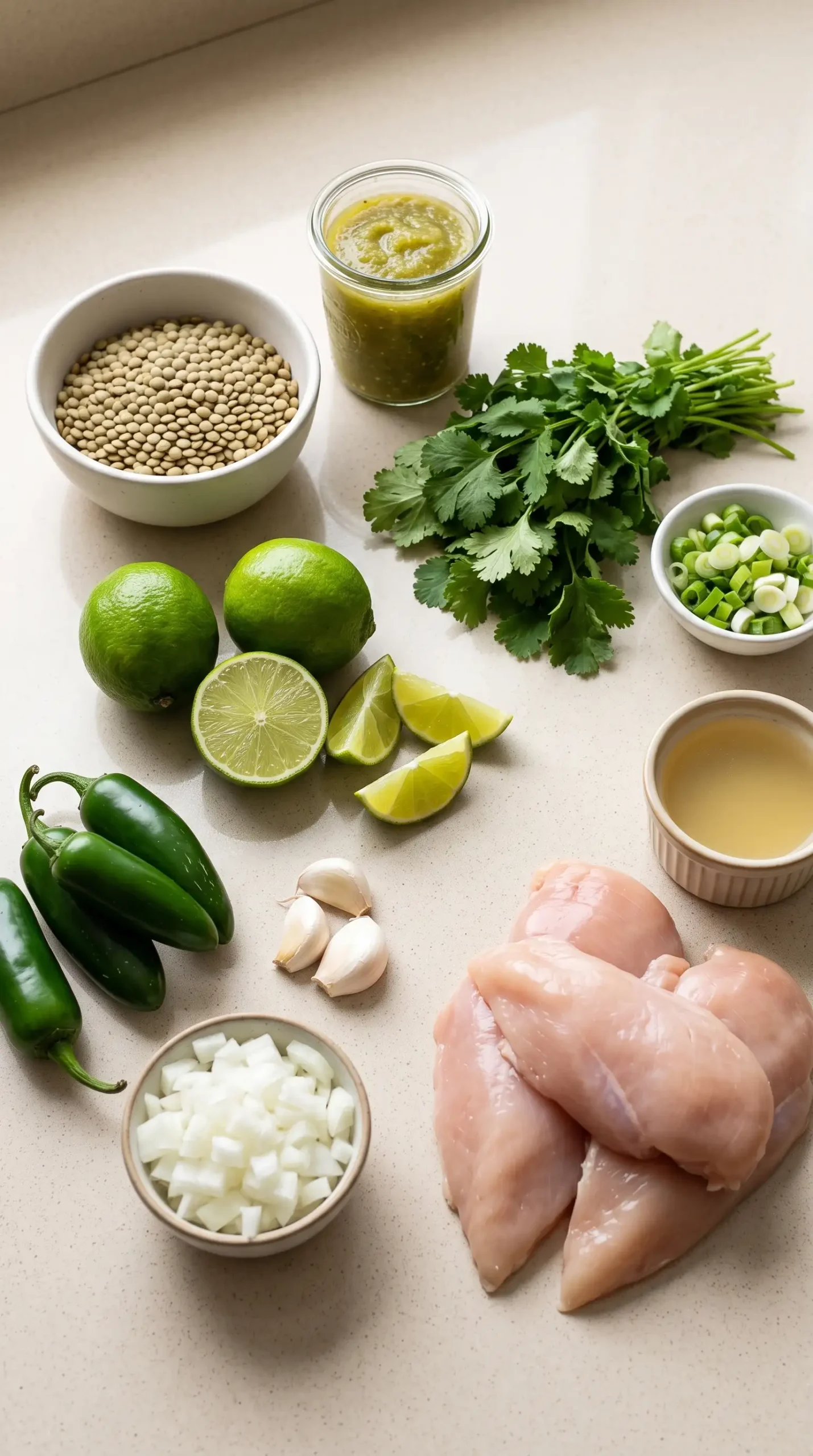 Ingredients for cilantro lime chicken bowls with lentils, salsa verde, chicken, limes, and herbs