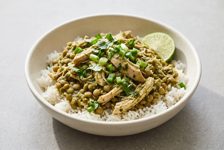Cilantro lime chicken bowls with shredded chicken, lentils, rice, salsa verde, and fresh herbs