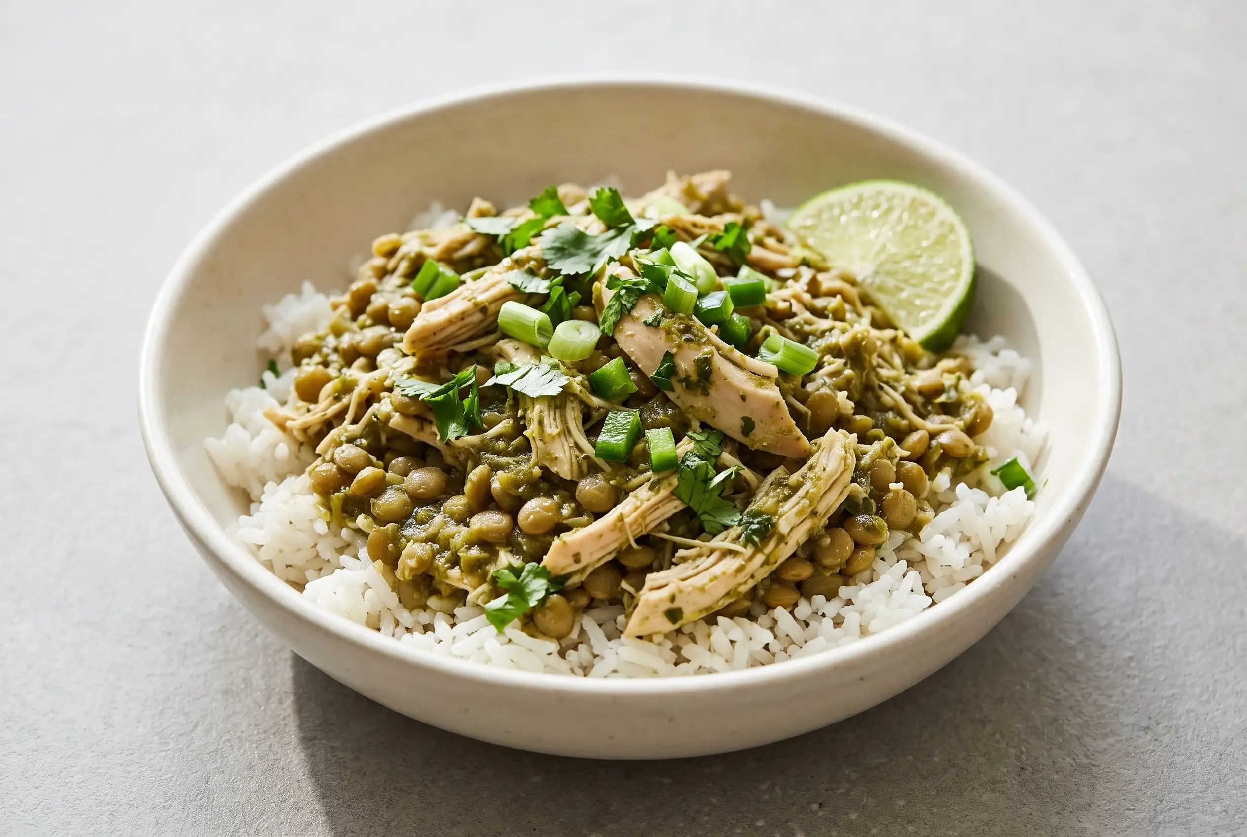 Cilantro lime chicken bowls with shredded chicken, lentils, rice, salsa verde, and fresh herbs