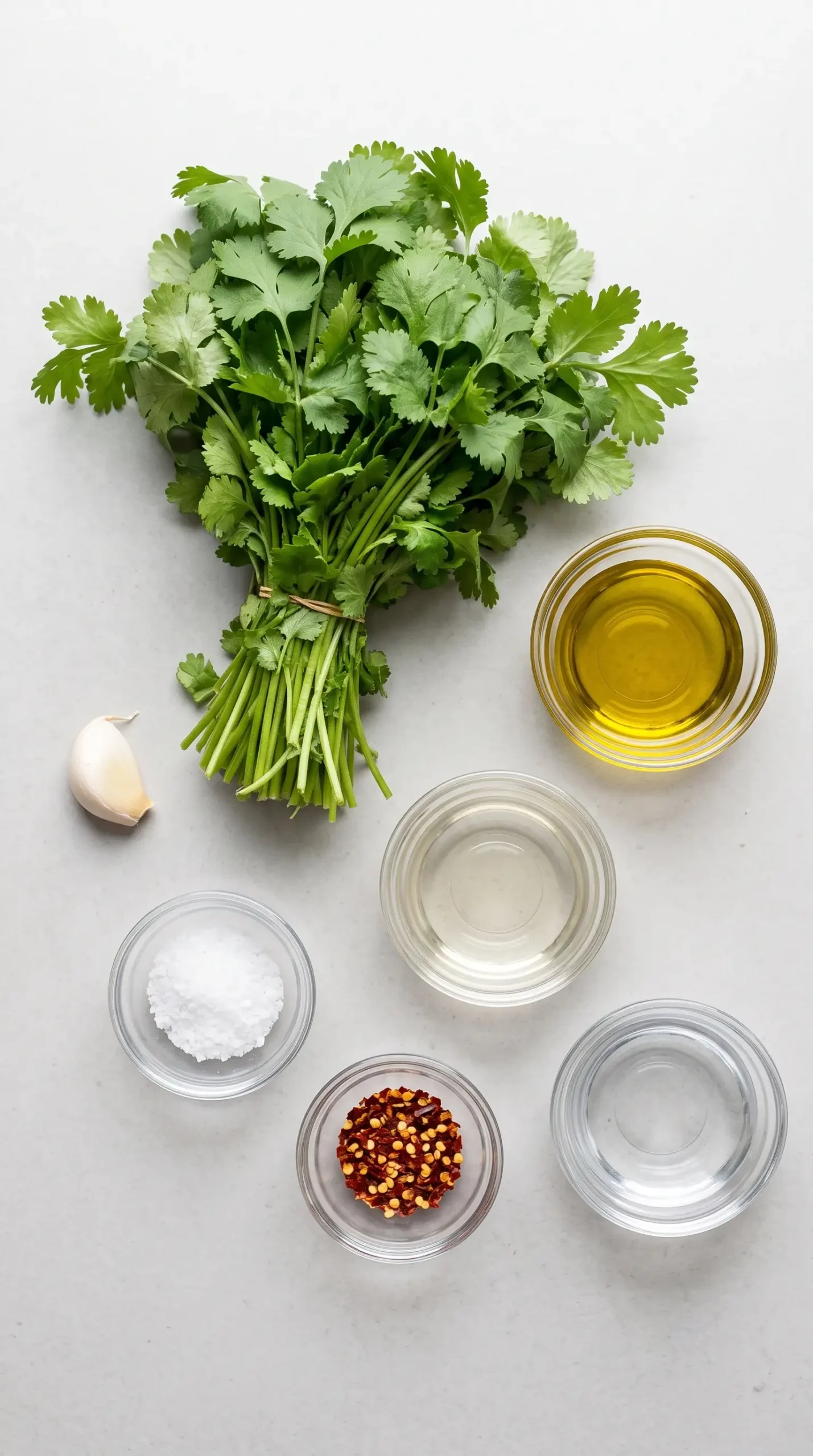 Fresh cilantro, olive oil, vinegar, garlic, and seasonings for cilantro vinaigrette