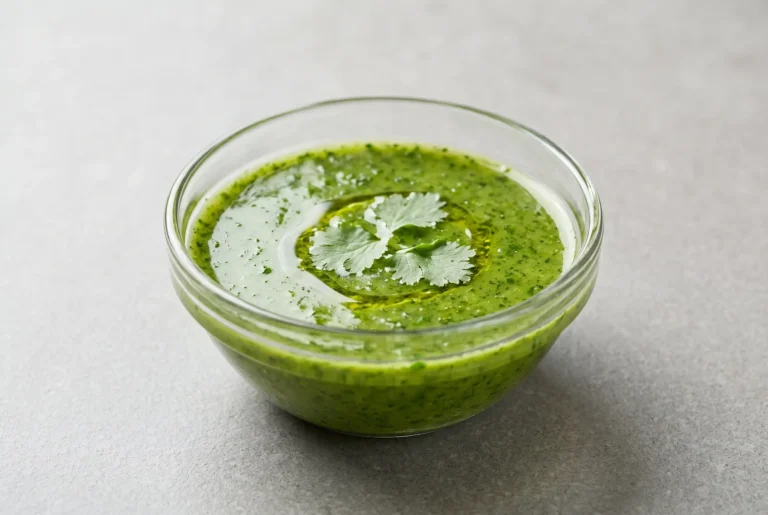 Cilantro vinaigrette in a glass bowl with fresh herbs and olive oil sheen