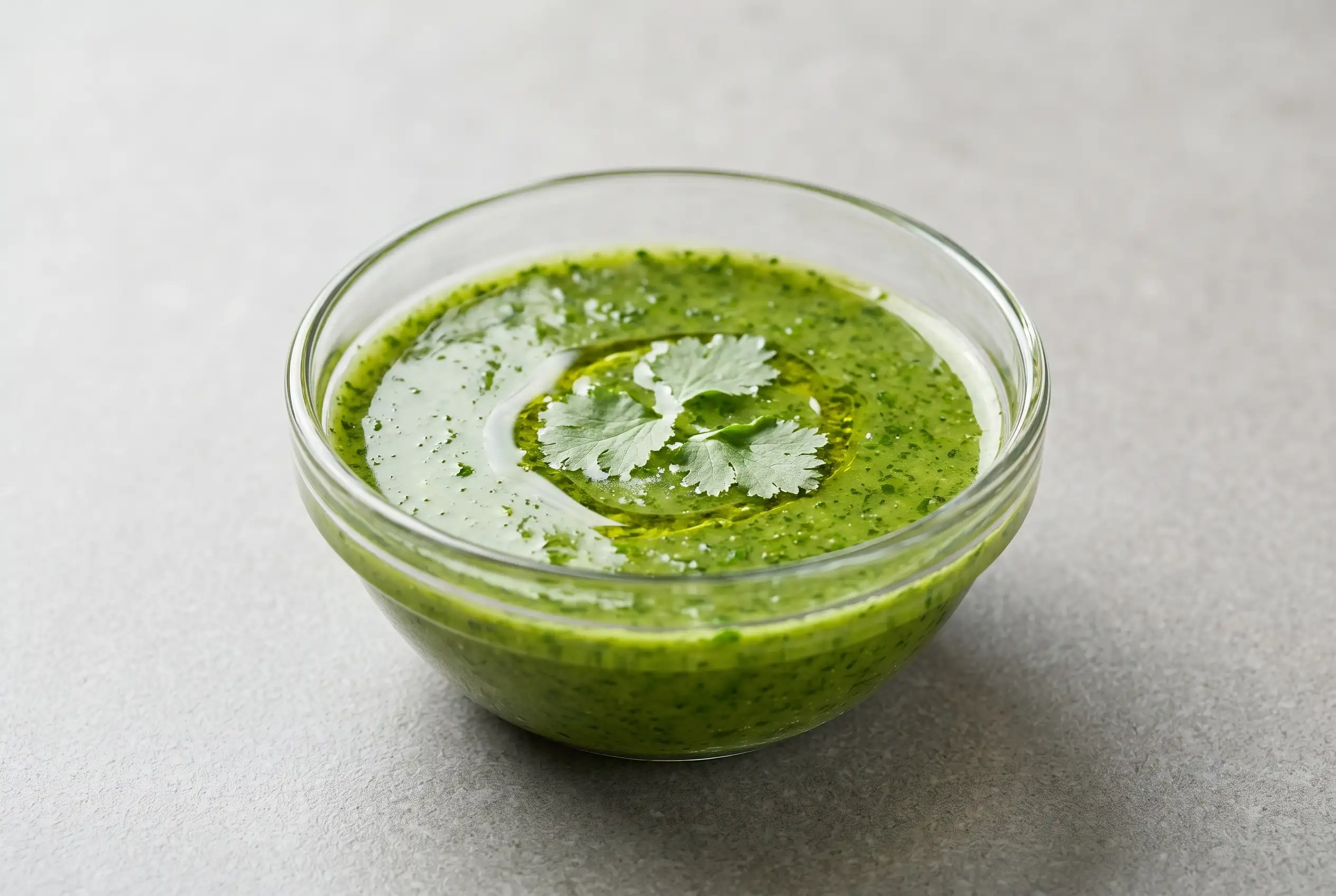 Cilantro vinaigrette in a glass bowl with fresh herbs and olive oil sheen