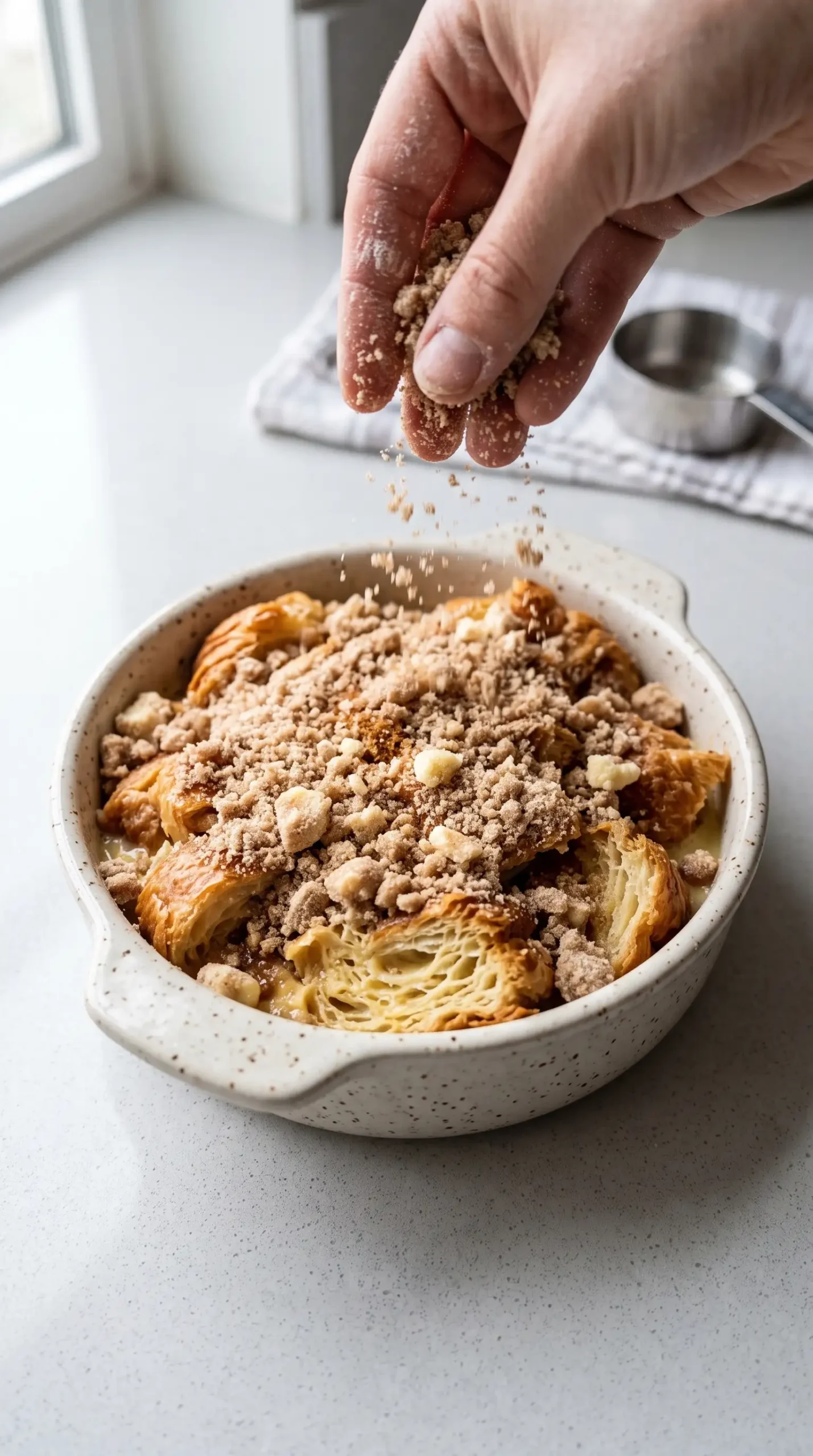 Cinnamon crumb topping sprinkled over soaked croissant pieces before baking