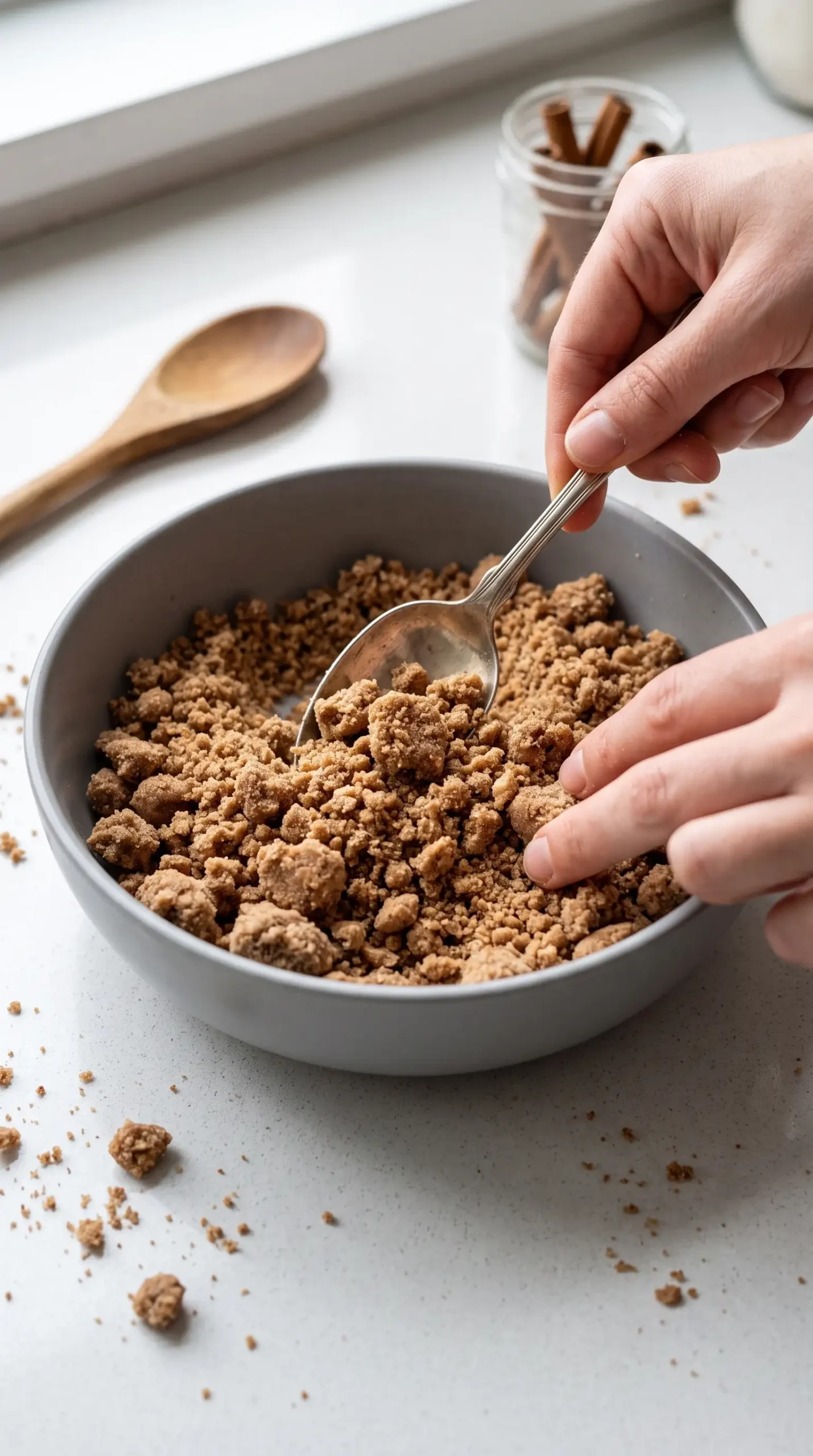 Cinnamon streusel crumb mixture with flour, sugar, butter, and cinnamon before baking.
