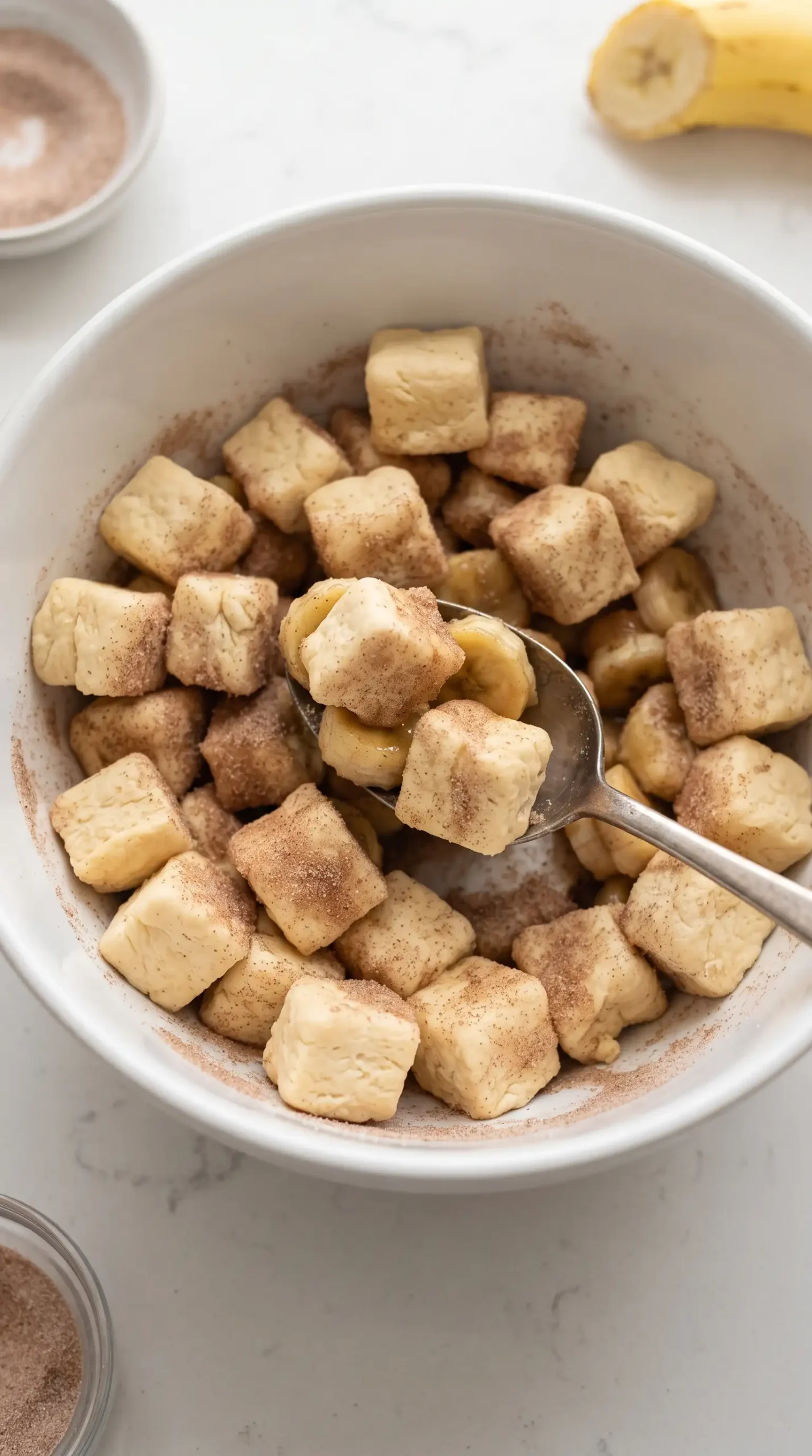 Biscuit dough cubes coated with cinnamon sugar and banana pieces for monkey bread