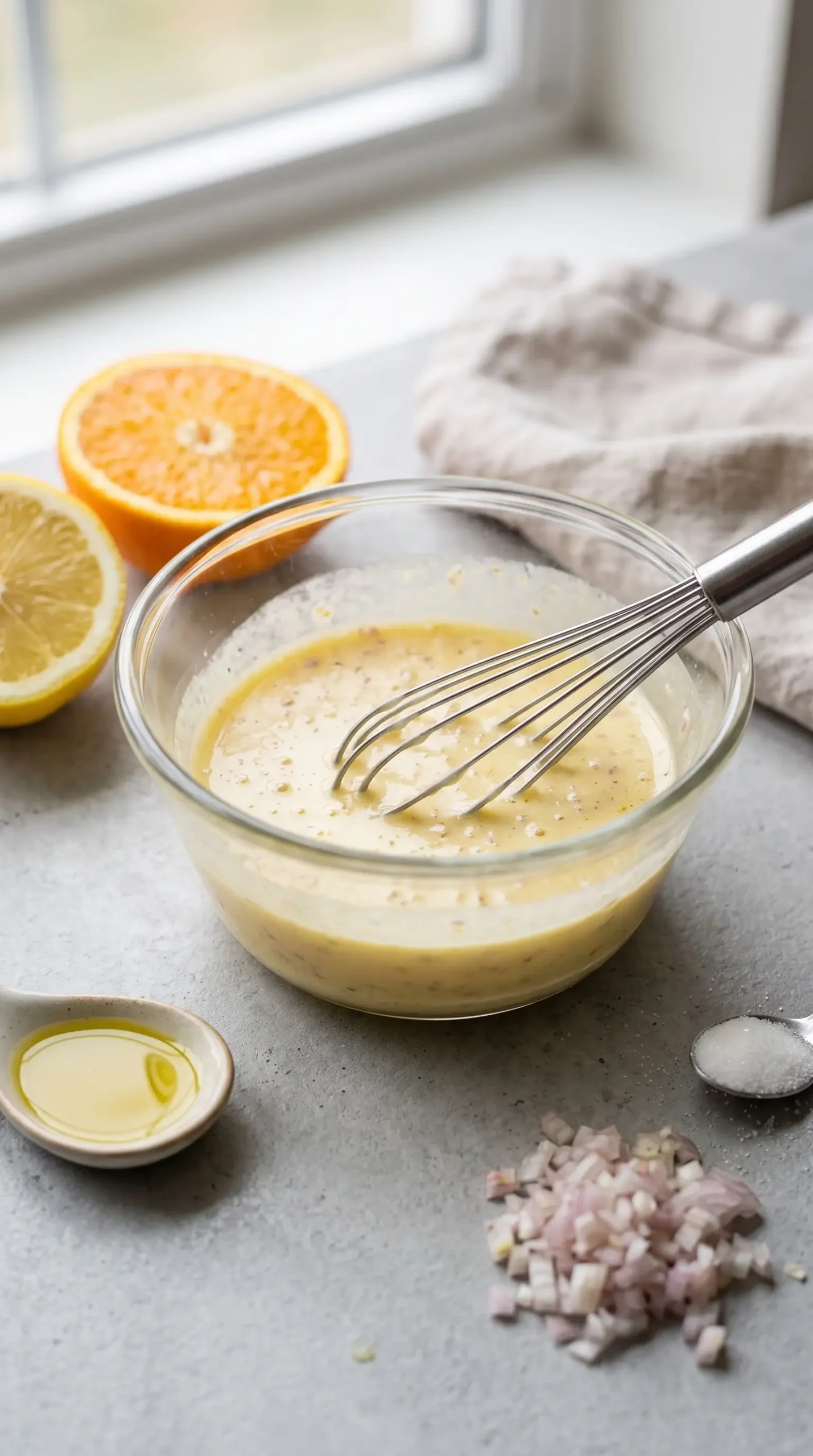 Citrus dressing with lemon, orange, olive oil, and shallot being mixed
