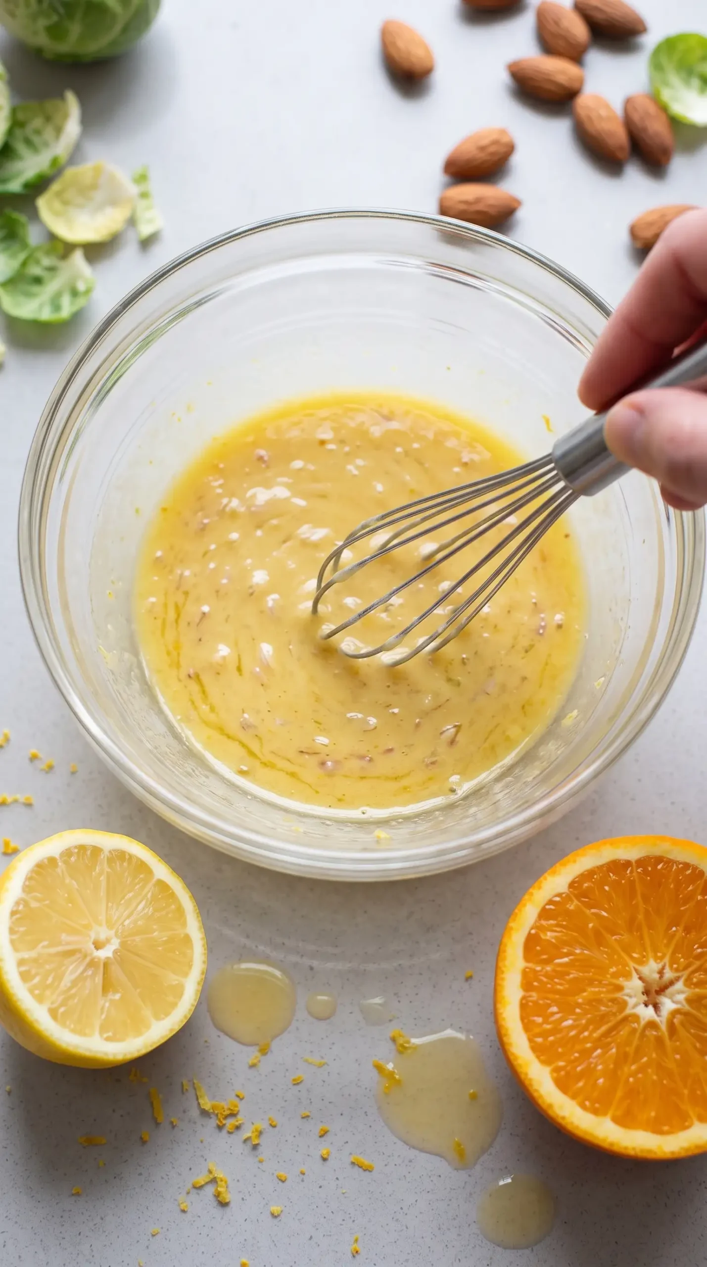 Citrus dressing with lemon, orange juice, olive oil, and shallot being whisked in a bowl
