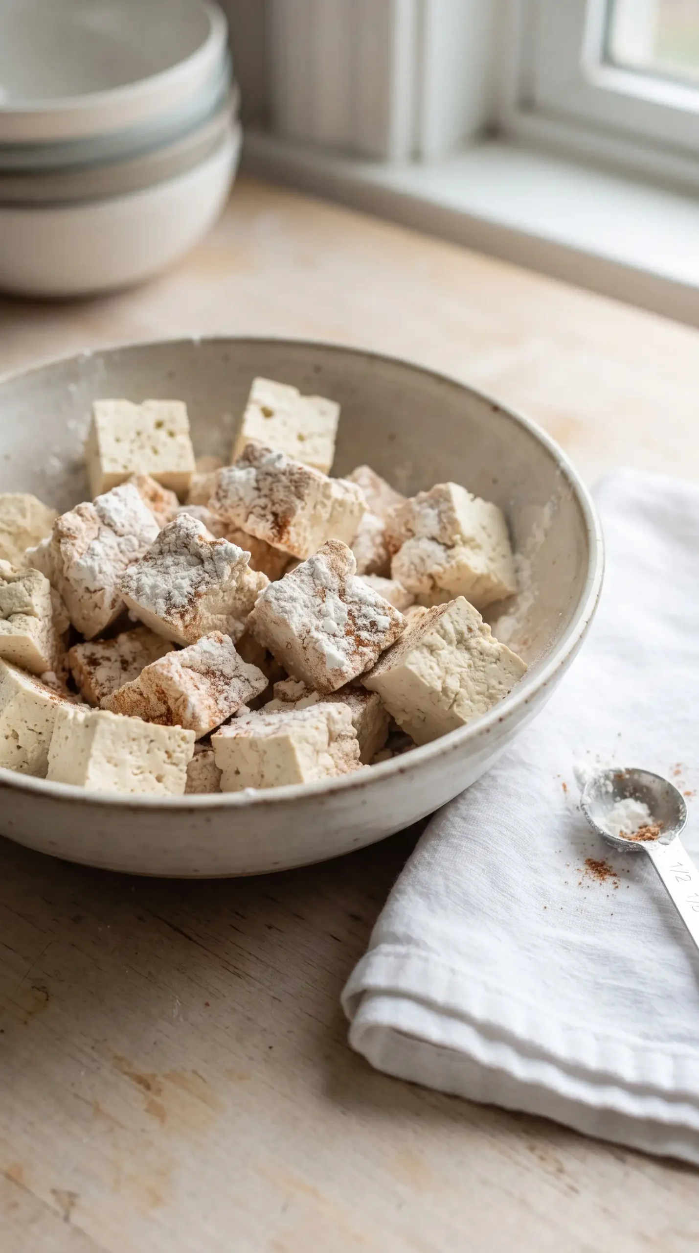 Extra firm tofu broken into coated chunks for crispy bang bang tofu preparation