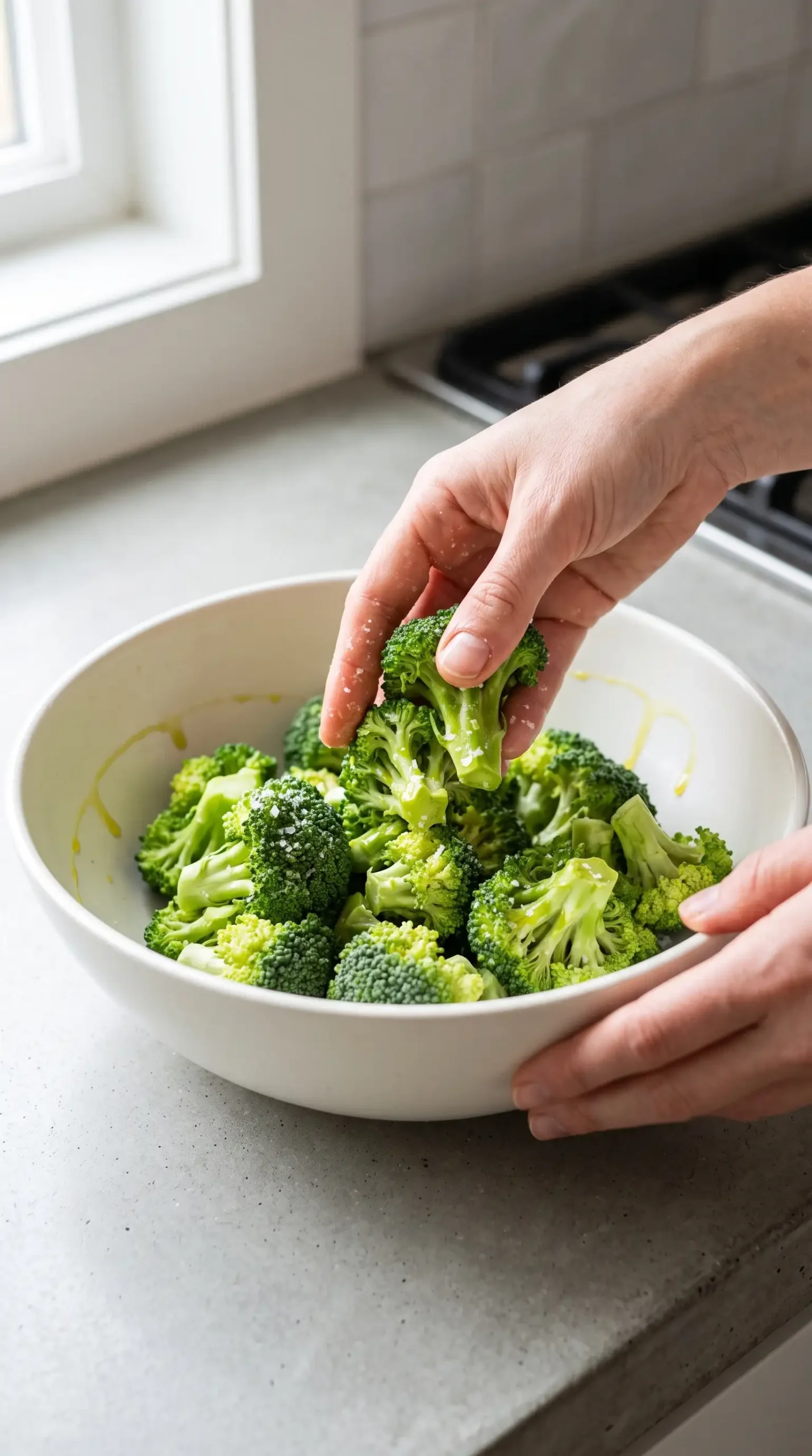Hands coating broccoli florets with oil, water, and salt before air frying