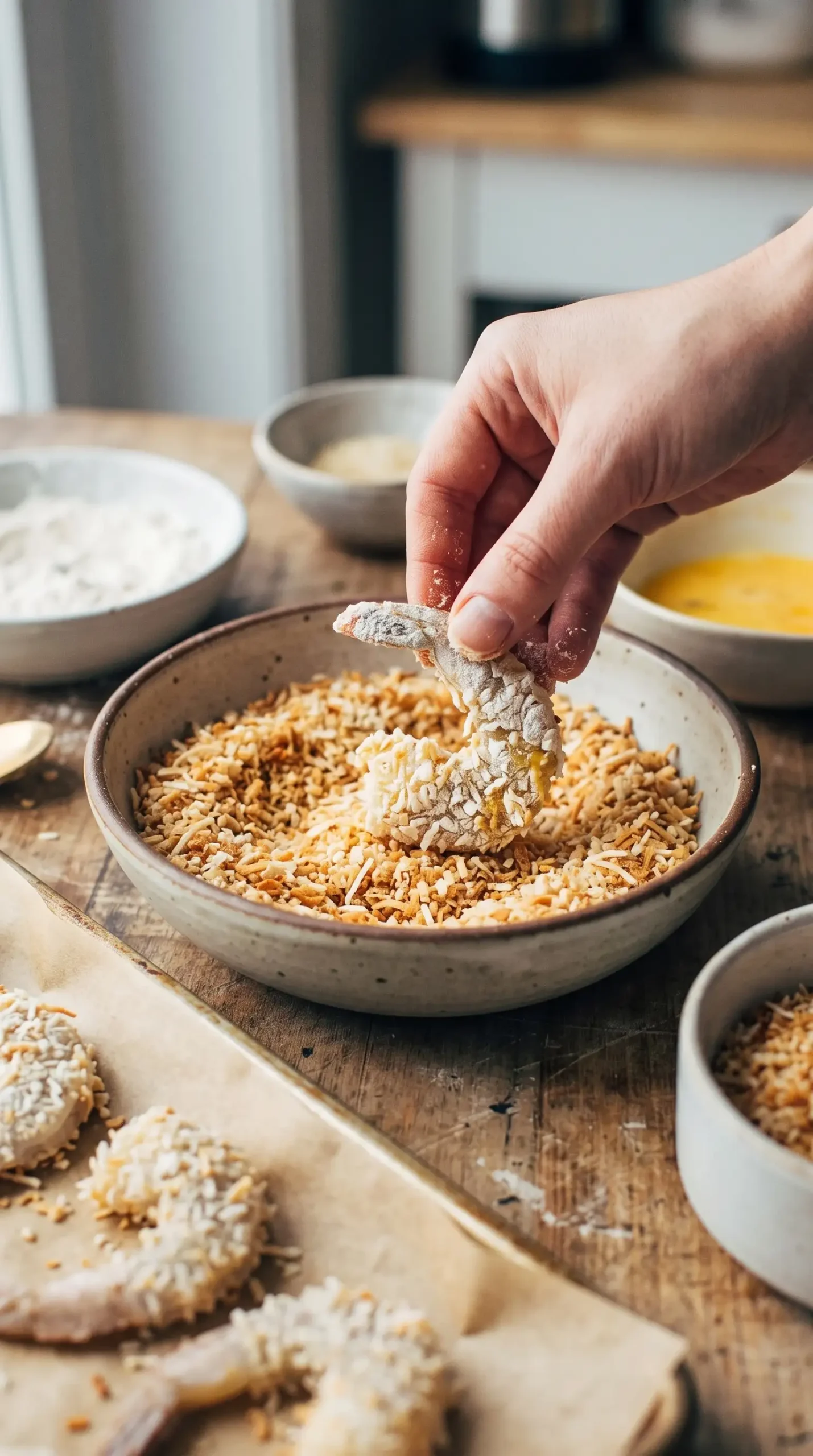 Shrimp being coated with toasted coconut and panko mixture before baking