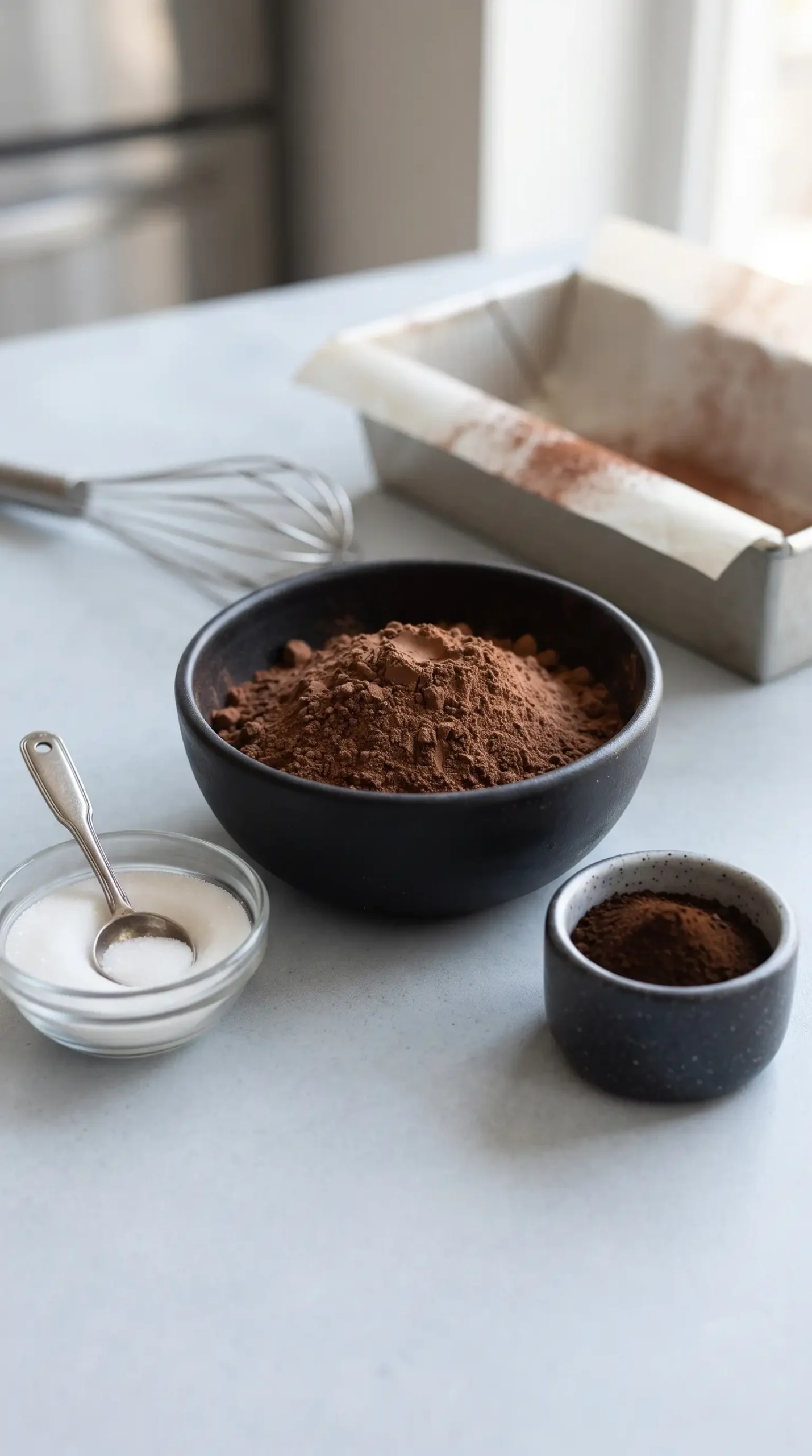 Cocoa powder and espresso powder with baking ingredients for chocolate cake