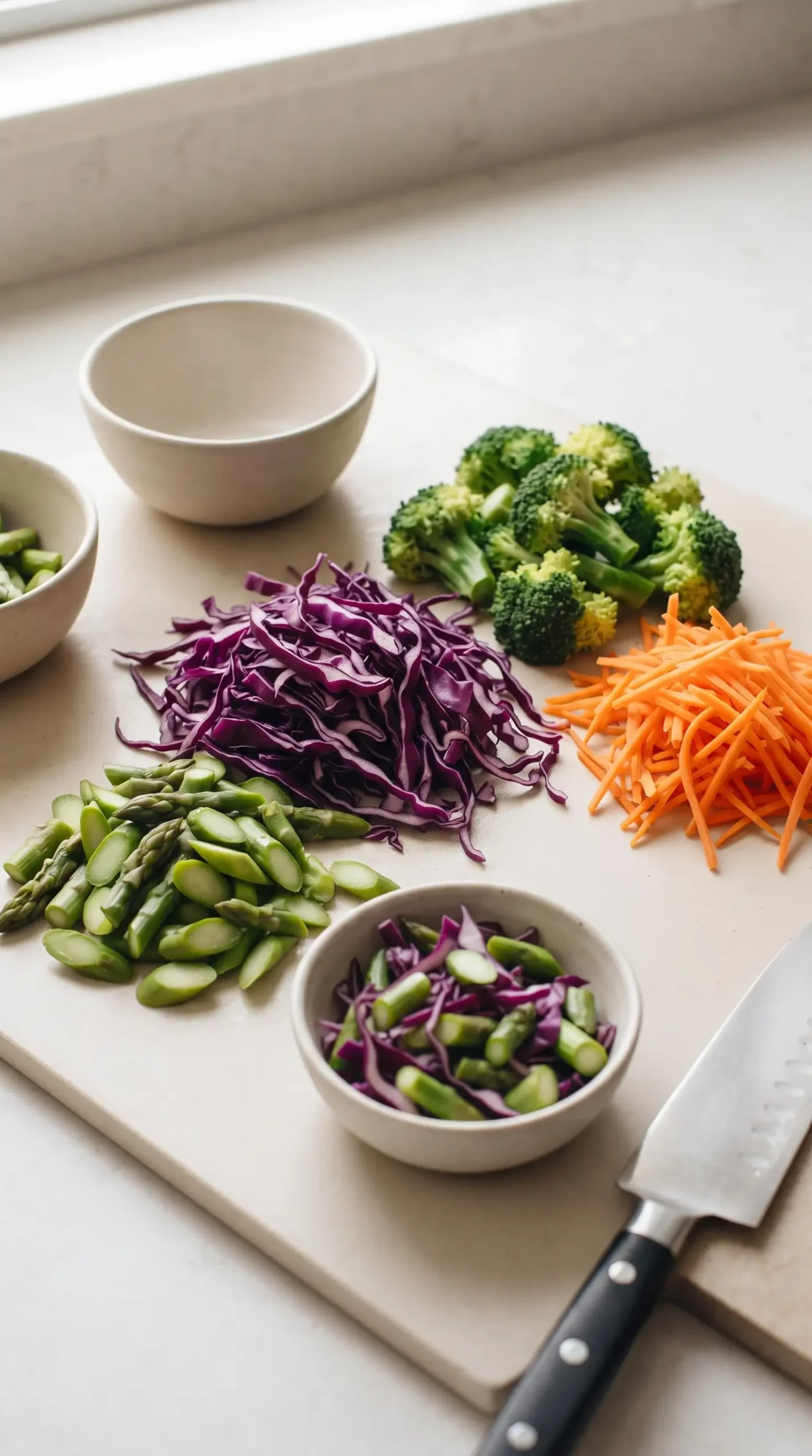 Chopped broccoli, carrots, asparagus, and purple cabbage for noodle bowls