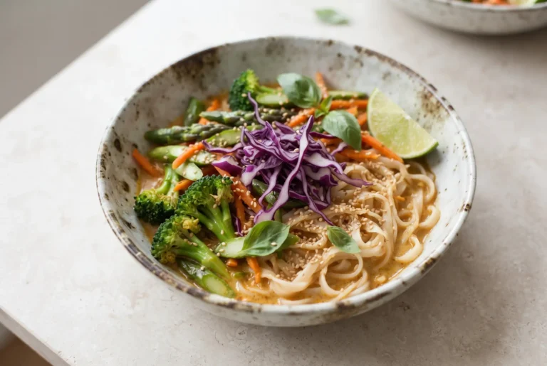 Coconut curry noodle bowl with rice noodles, creamy sauce, and colorful vegetables