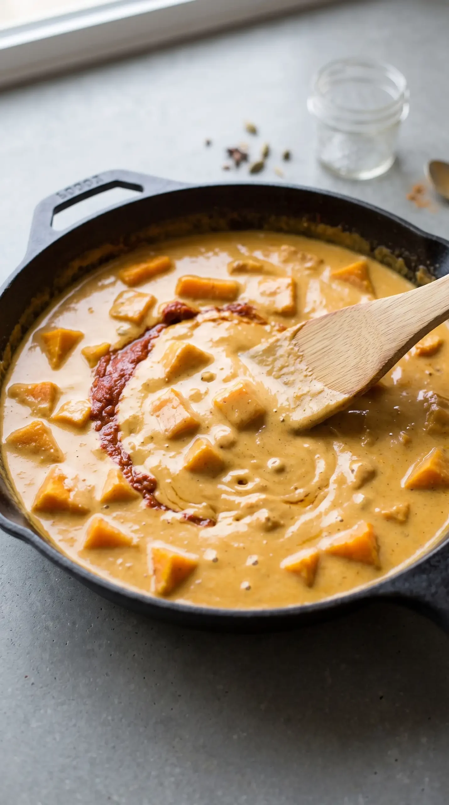Coconut milk, curry paste, peanut butter, and squash combined into curry sauce