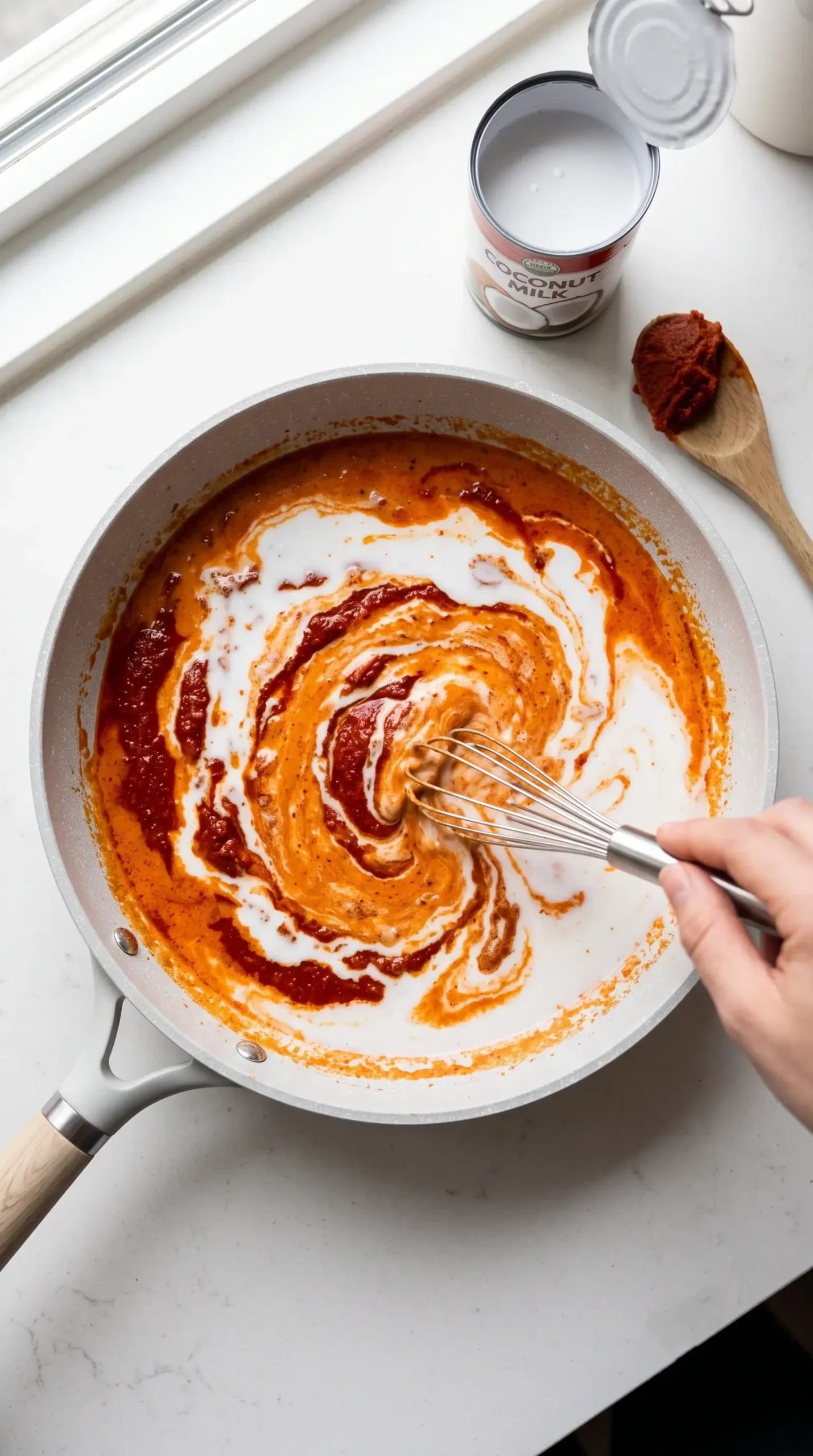 Coconut milk and red curry paste whisked together into a creamy curry sauce