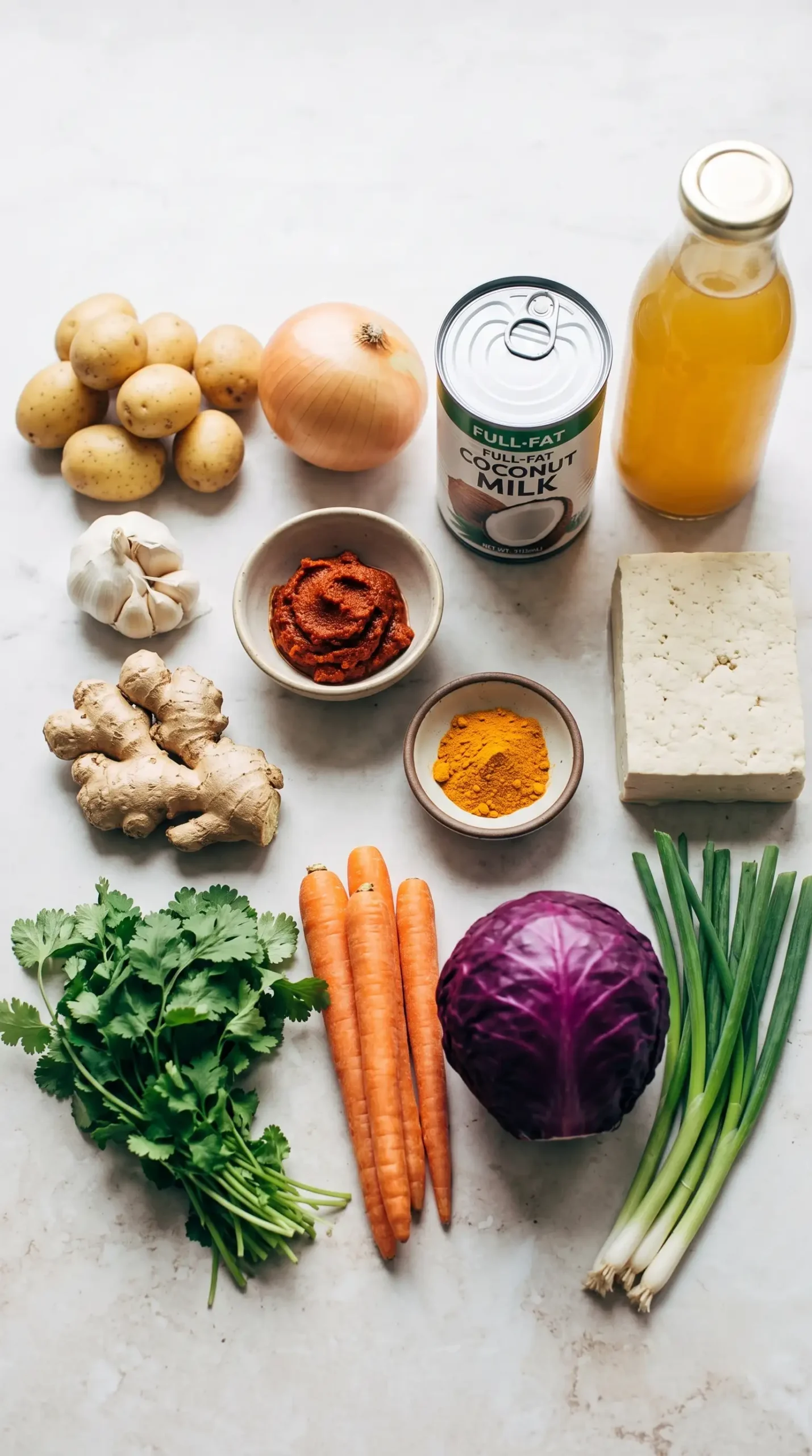 Ingredients for coconut curry soup including potatoes, tofu, curry paste, coconut milk, and fresh vegetables