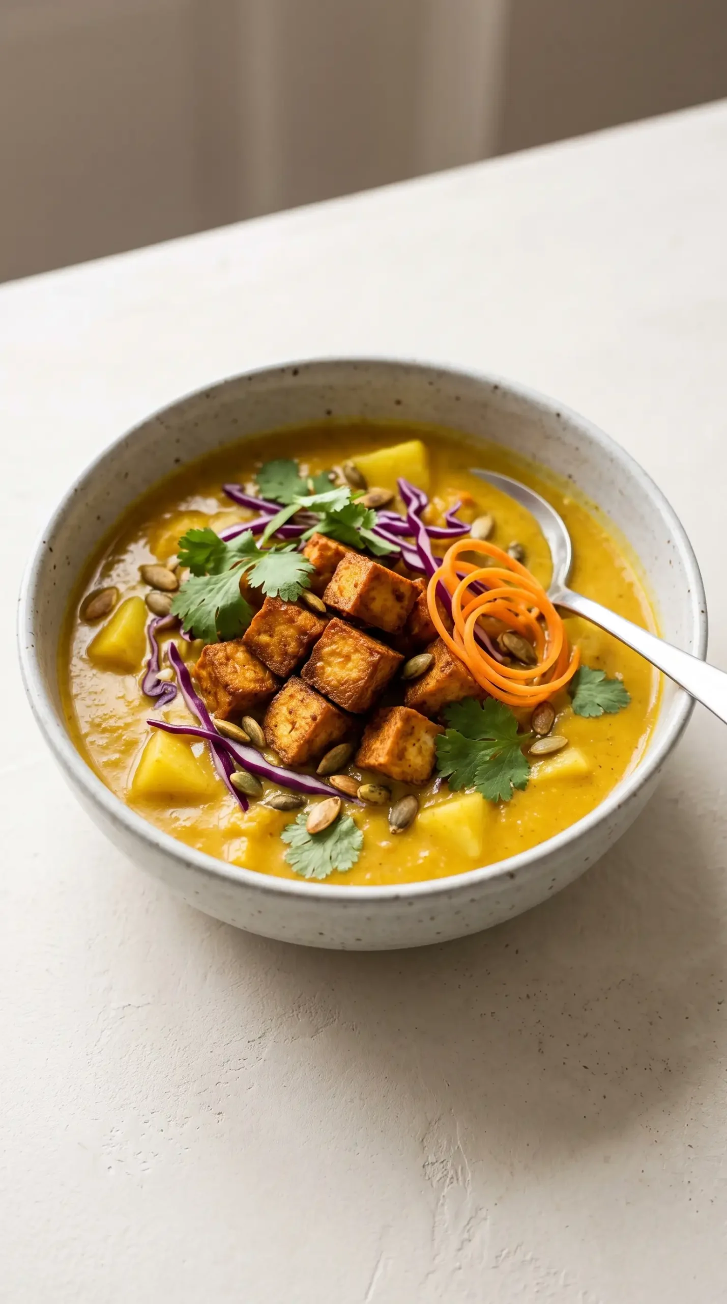 Finished coconut curry soup bowl with creamy potato base, crispy tofu, and fresh vegetable toppings