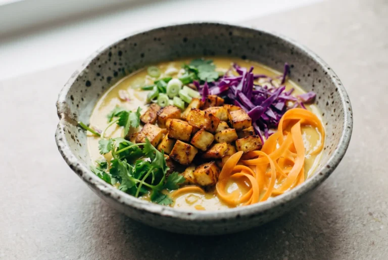 Coconut curry soup with potatoes topped with crispy golden tofu and fresh vegetables in a ceramic bowl
