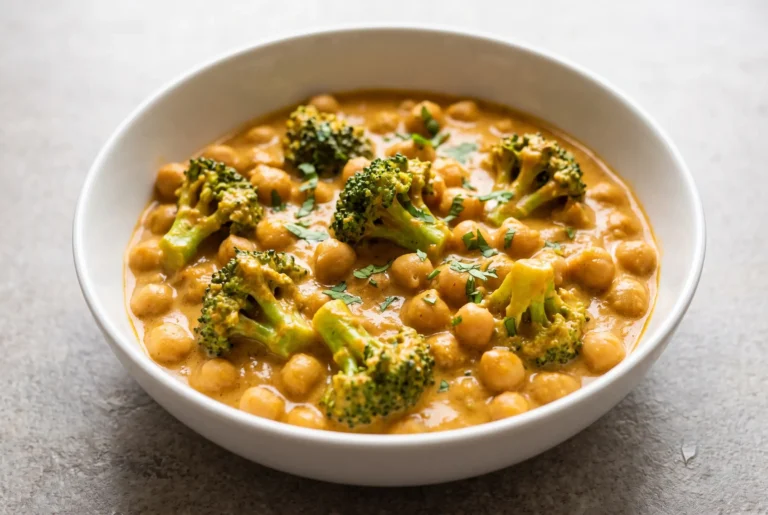 Bowl of coconut curry with coconut milk, chickpeas, broccoli, and creamy golden sauce