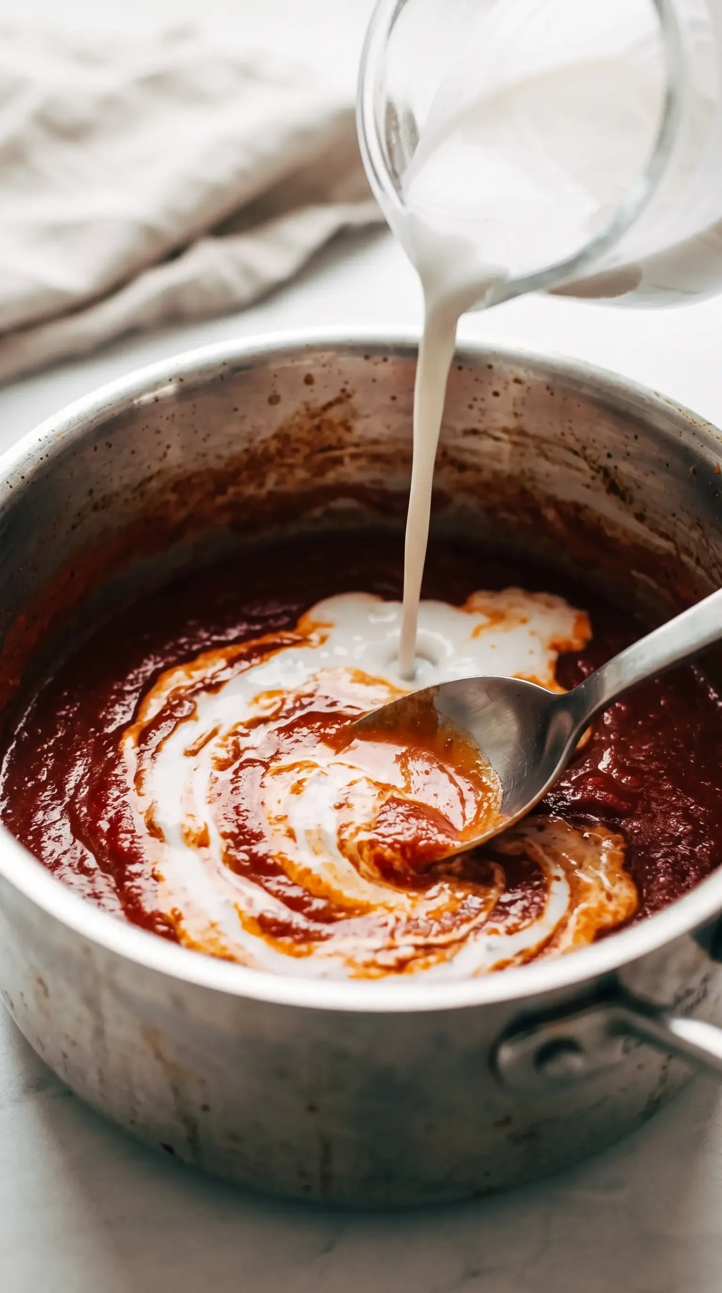 Coconut milk blended into tomato sauce for creamy vegan vodka pasta