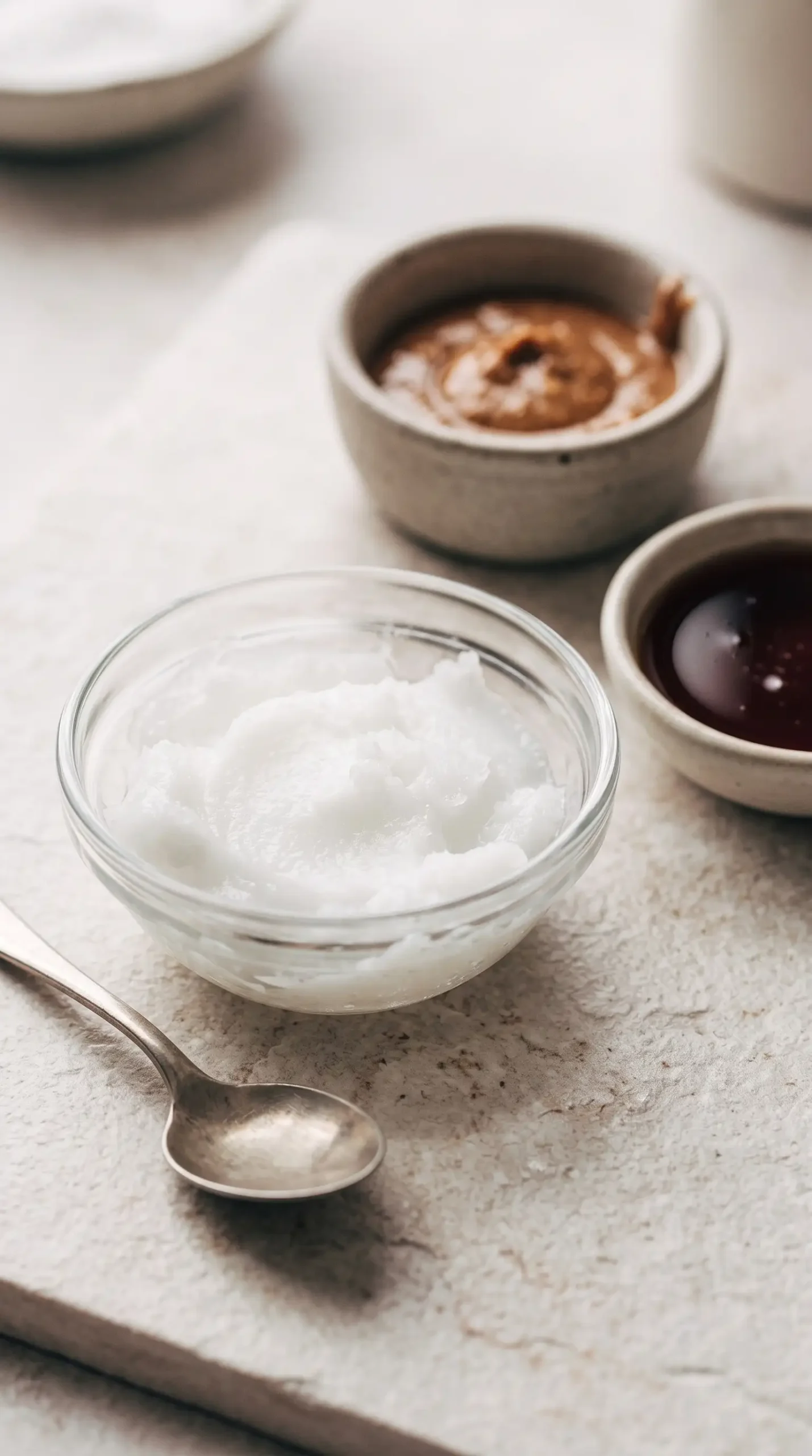 Coconut oil with maple syrup and almond butter for vegan caramel sauce preparation