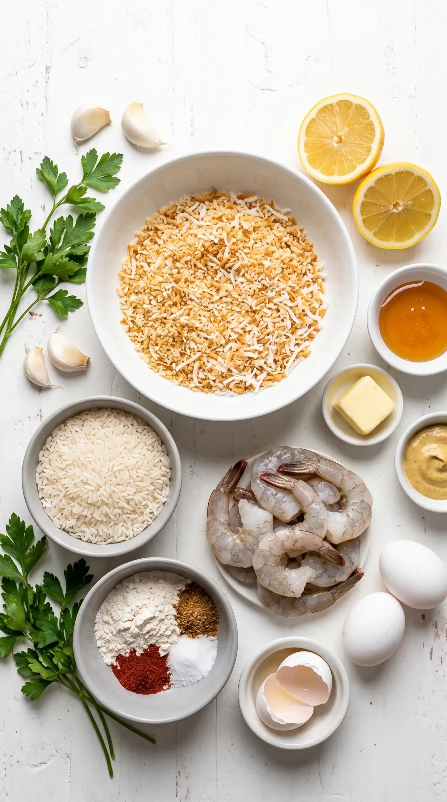Ingredients for baked coconut shrimp including coconut panko coating, shrimp, rice, and sauce components
