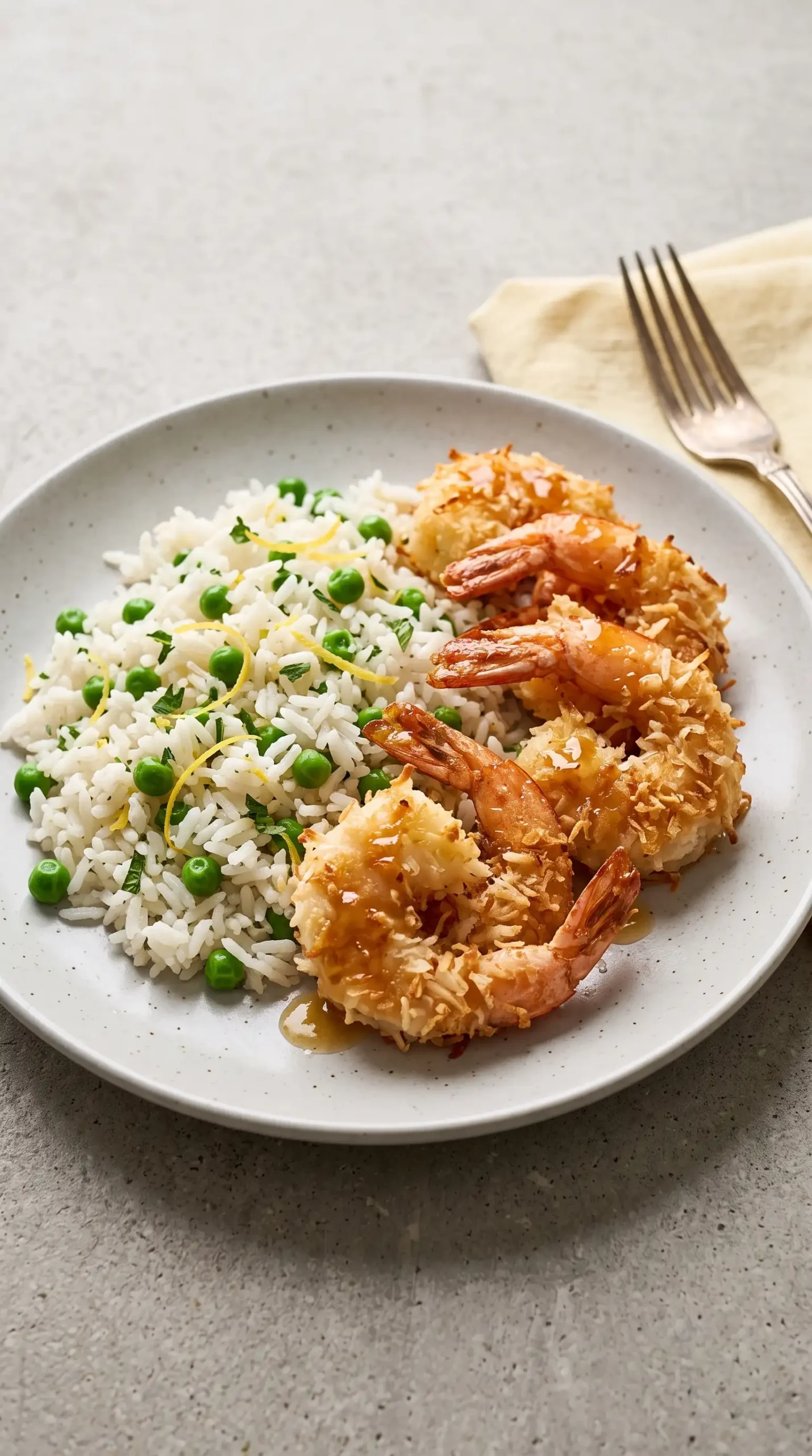 Plated baked coconut shrimp with jasmine rice, peas, lemon zest, and honey butter sauce