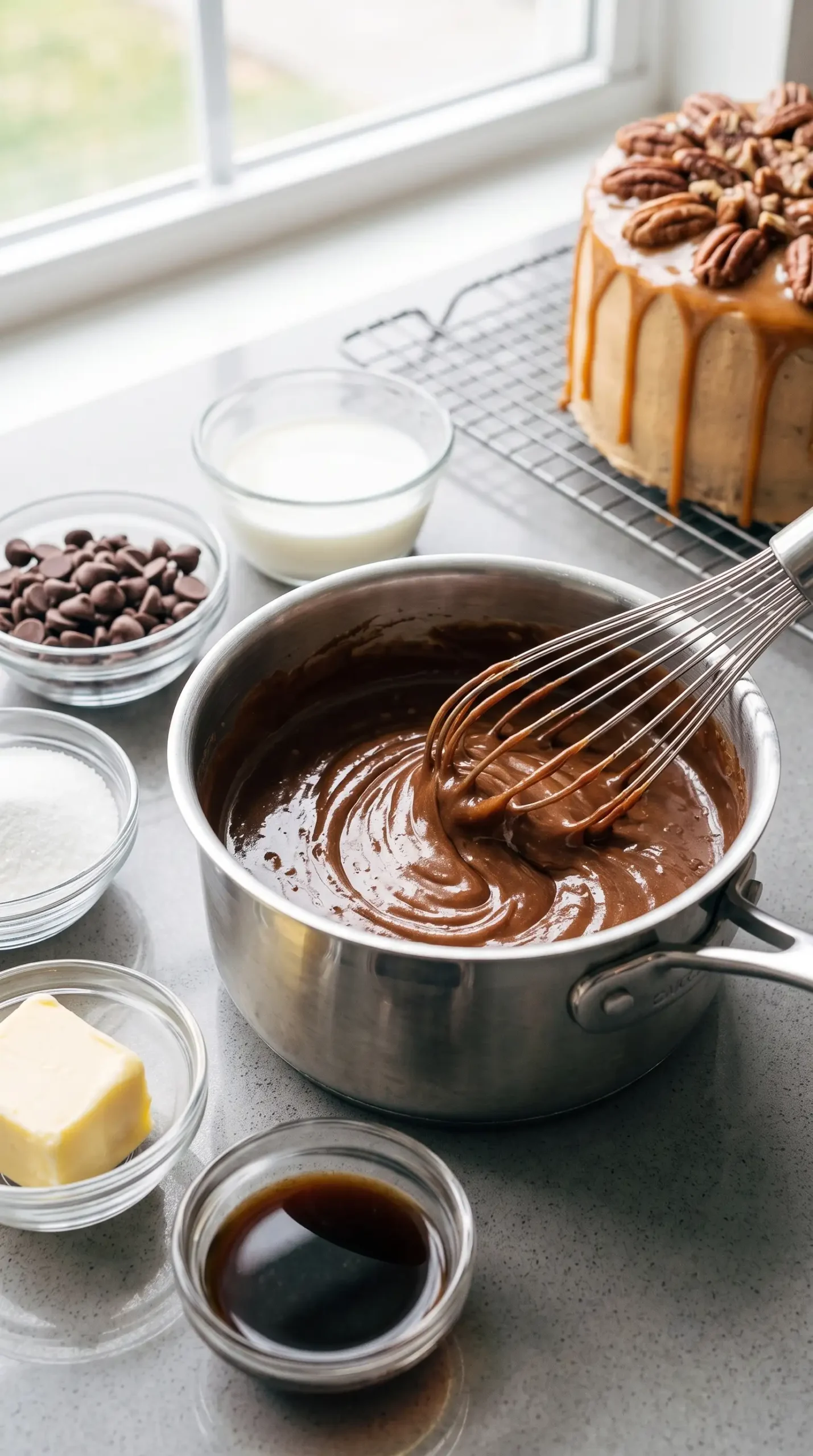 Coffee chocolate frosting being whisked until smooth and glossy