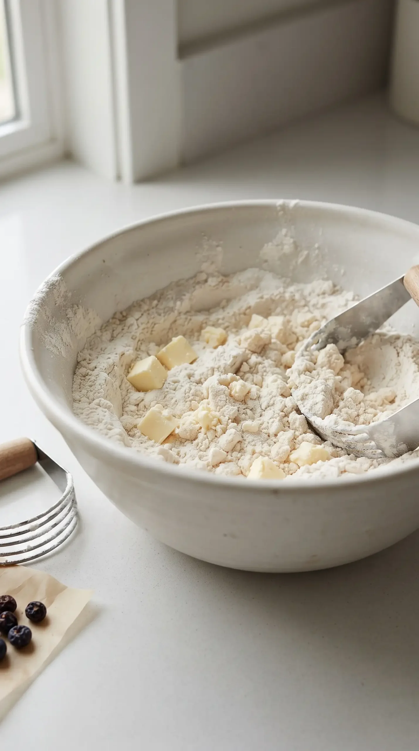 Cold butter and flour mixture being combined to create blueberry scone dough texture